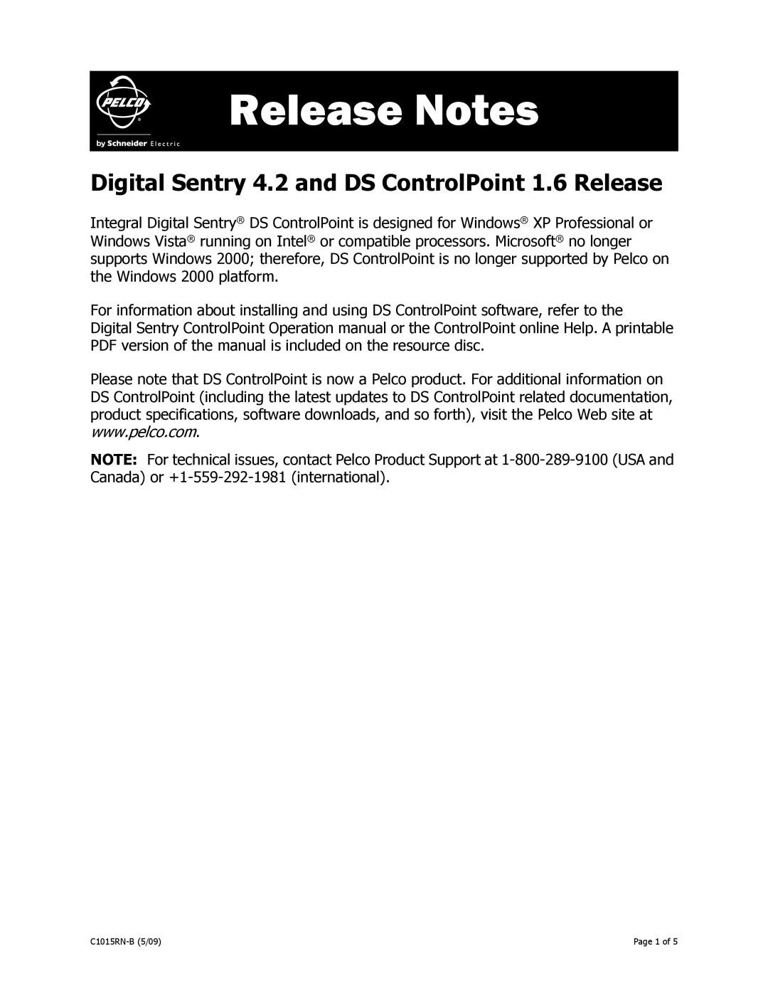 Pelco operation manual Release Notes, Digital Sentry 4.2 and DS ControlPoint 1.6 Release 