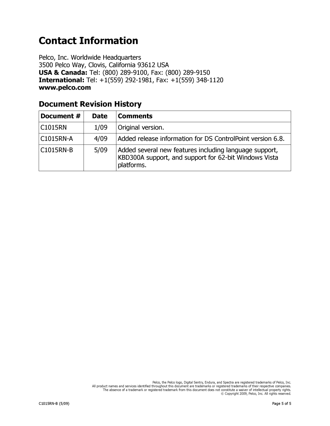 Pelco 1.6 operation manual Contact Information, Document Revision History 