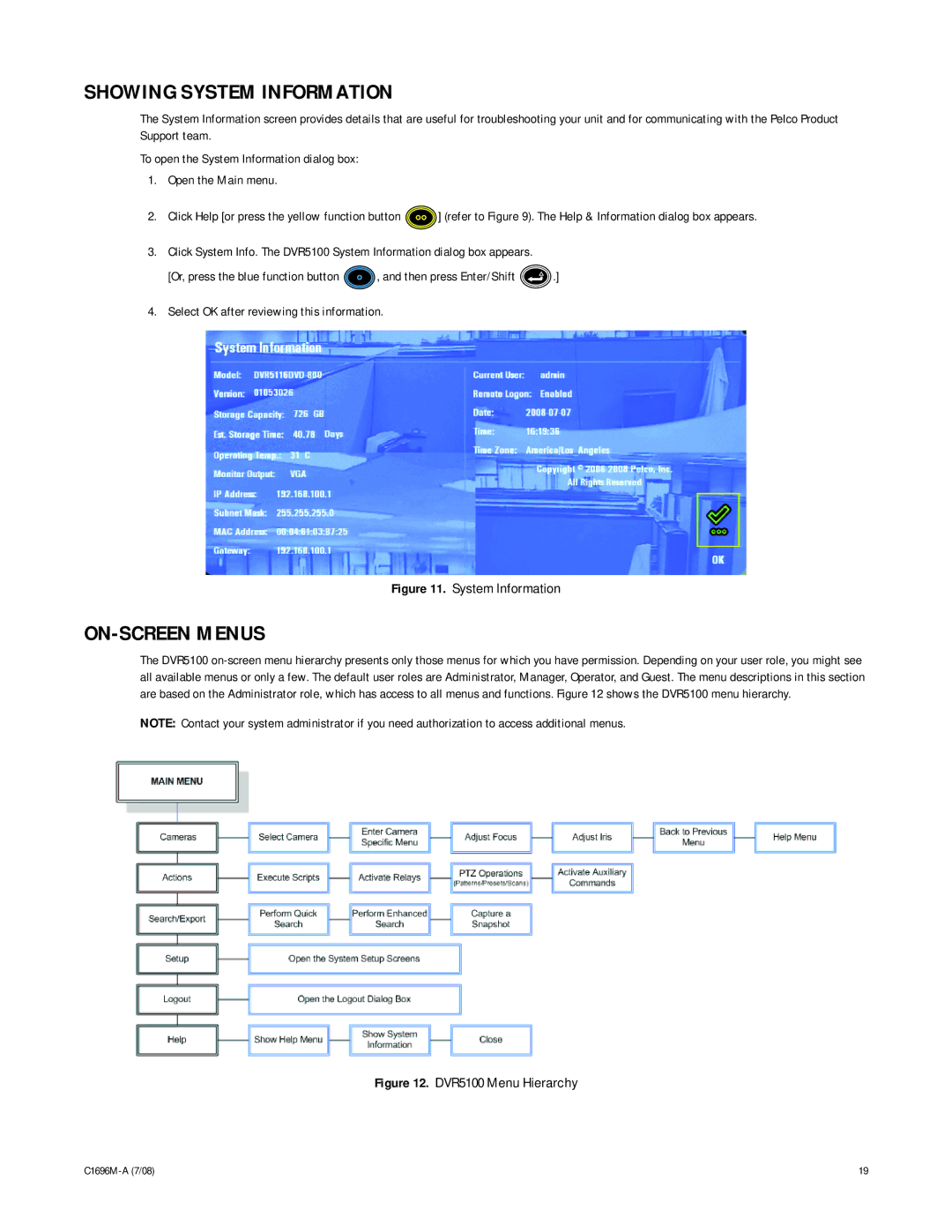 Pelco 2 C1696M-A (7/08) manual Showing System Information, ON-SCREEN Menus 