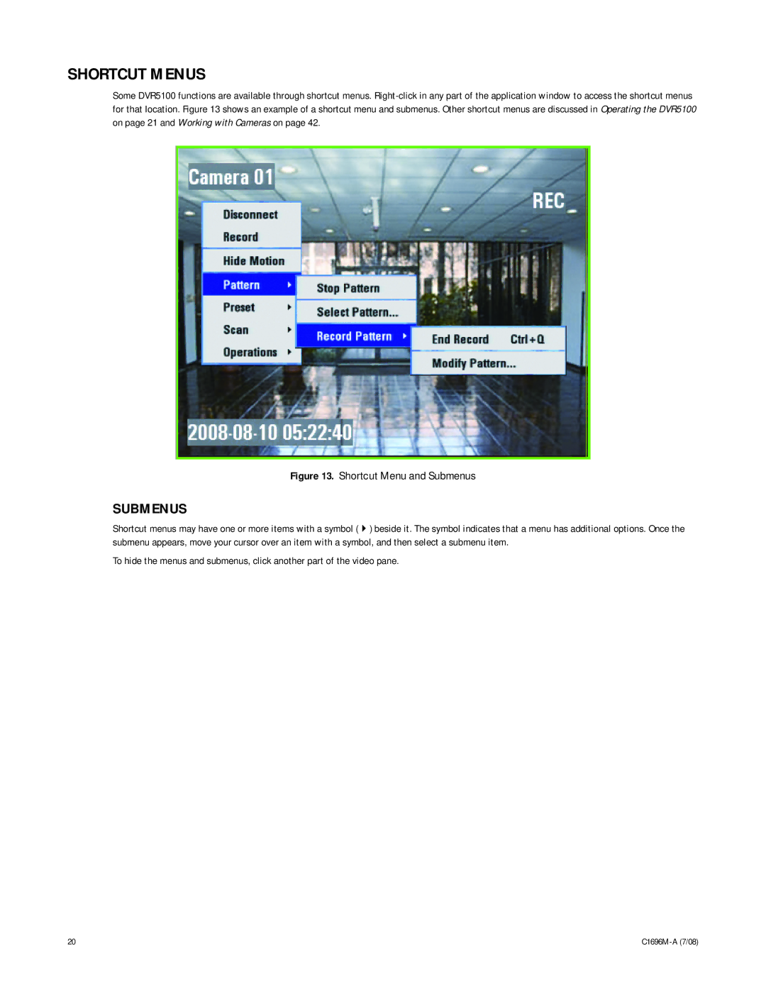 Pelco 2 C1696M-A (7/08) manual Shortcut Menus, Submenus 