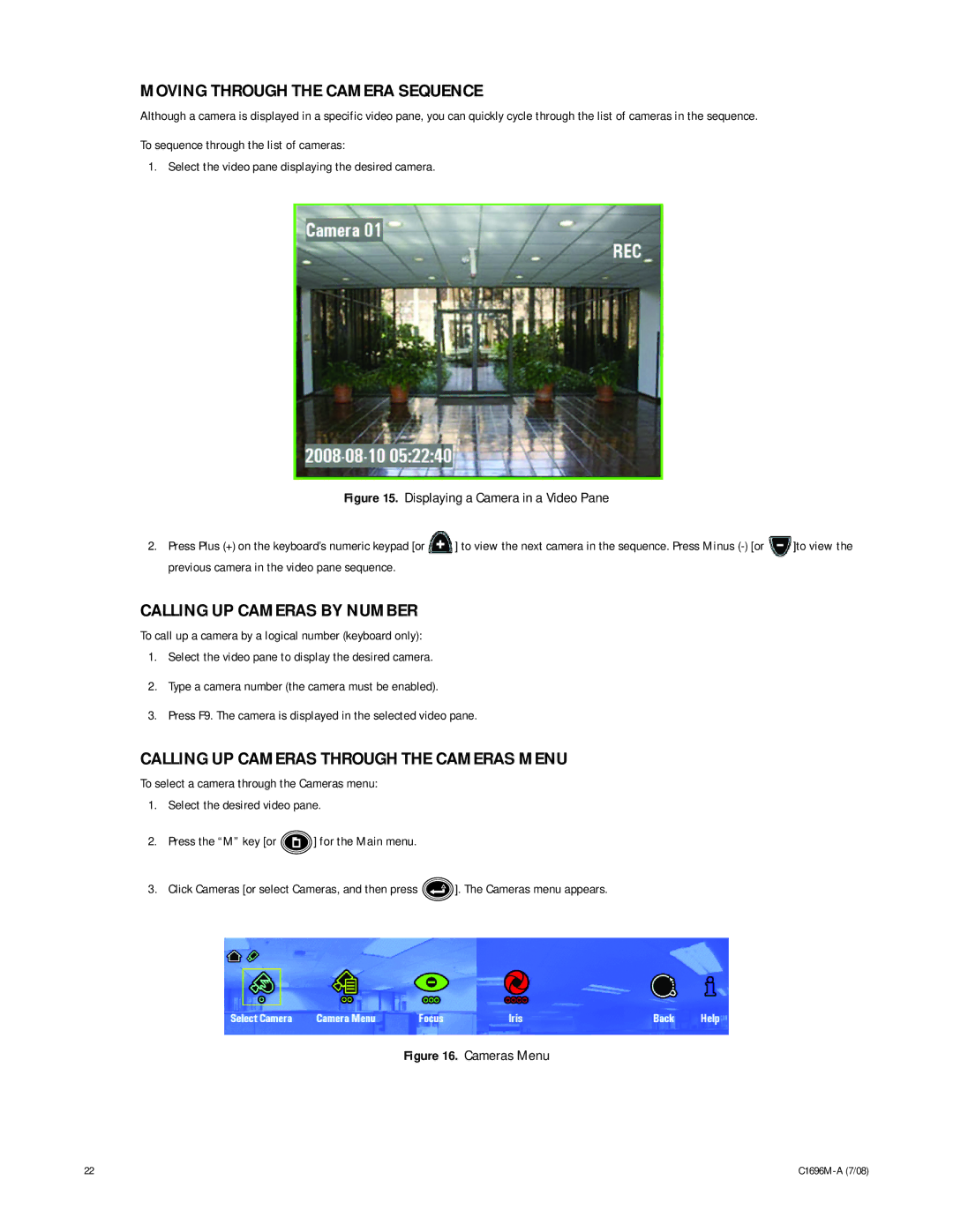 Pelco 2 C1696M-A (7/08) manual Moving Through the Camera Sequence, Calling UP Cameras by Number 