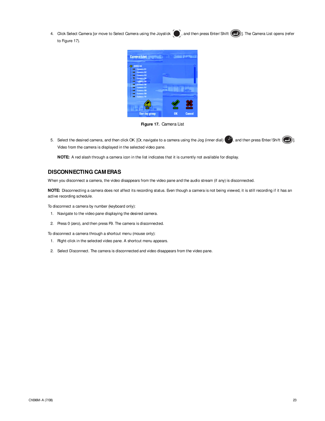 Pelco 2 C1696M-A (7/08) manual Disconnecting Cameras, Camera List 