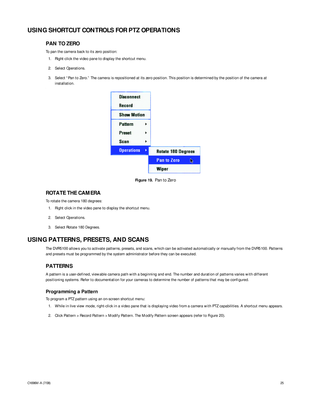 Pelco 2 C1696M-A (7/08) manual Using Shortcut Controls for PTZ Operations, Using PATTERNS, PRESETS, and Scans, PAN to Zero 