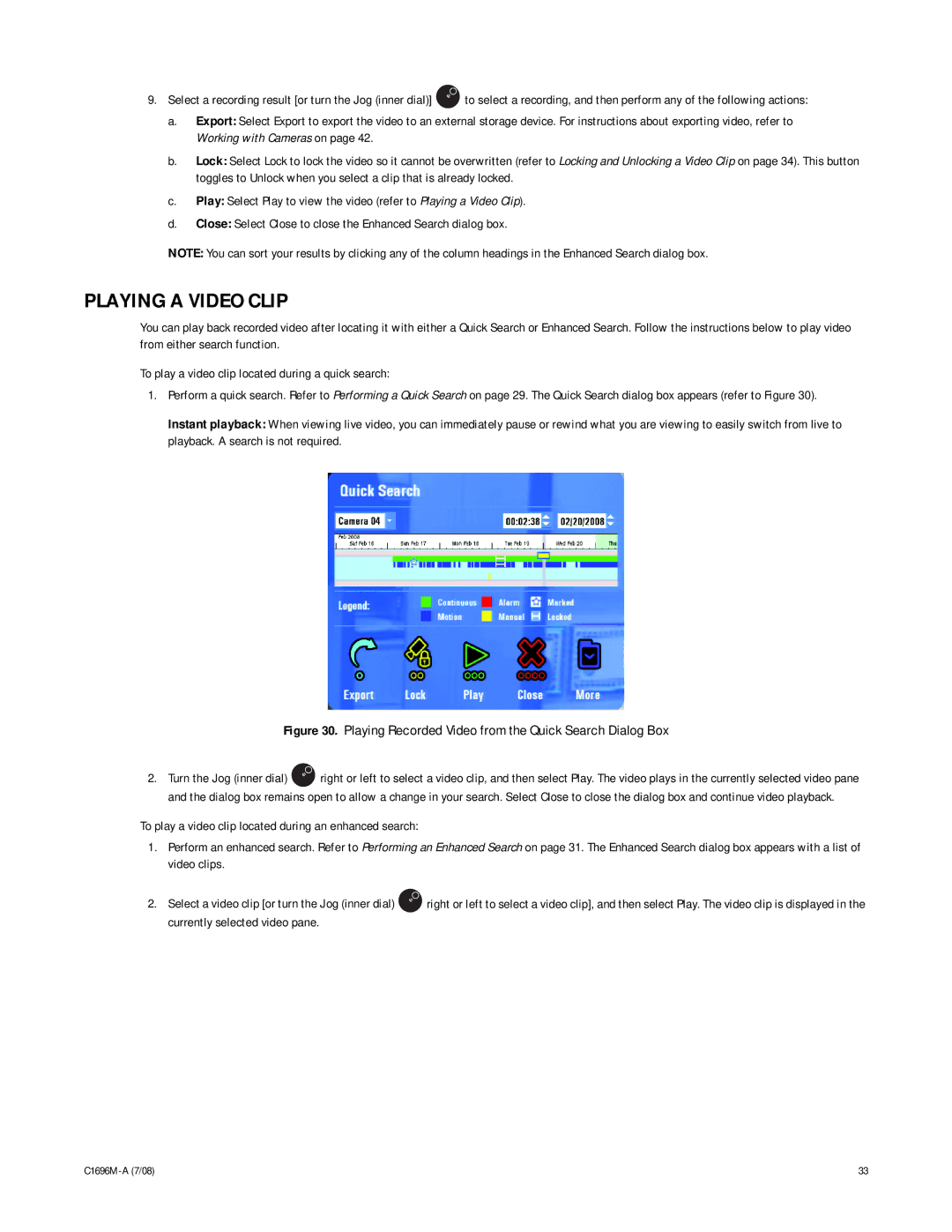 Pelco 2 C1696M-A (7/08) manual Playing a Video Clip, Playing Recorded Video from the Quick Search Dialog Box 