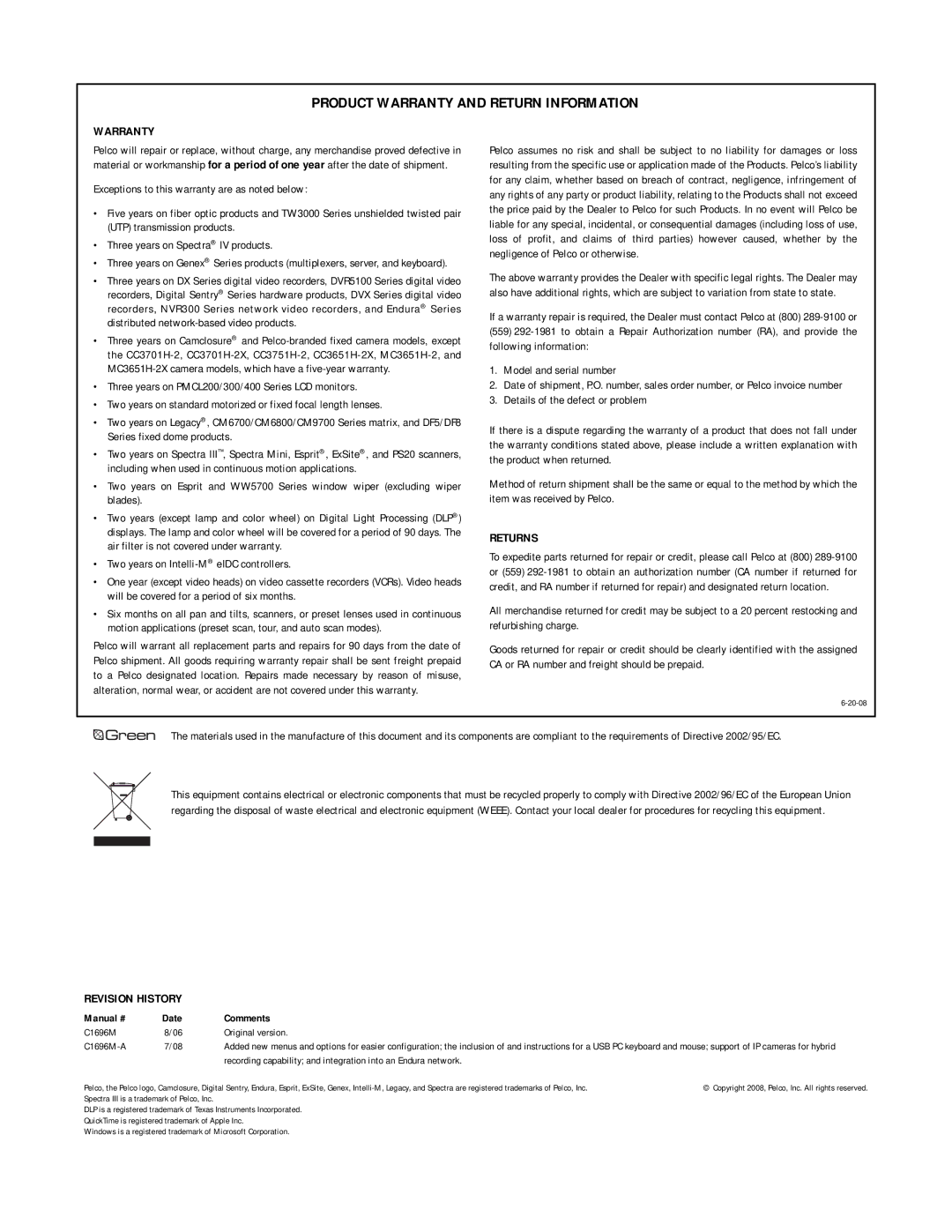 Pelco 2 C1696M-A (7/08) manual Product Warranty and Return Information 