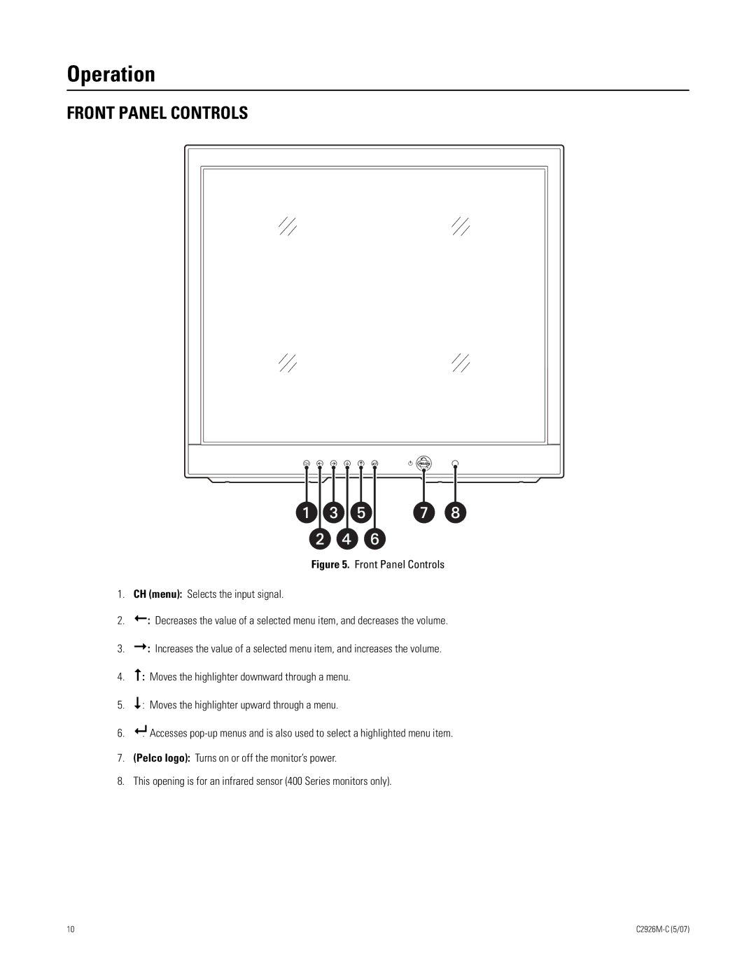 Pelco 300 manual Operation, Front Panel Controls 