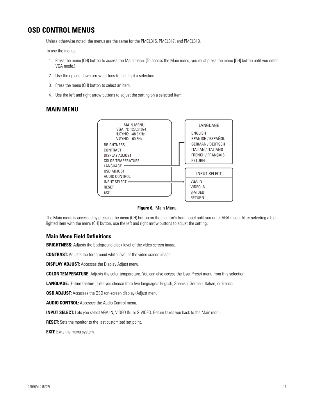 Pelco 300 manual OSD Control Menus, Main Menu Field Definitions 