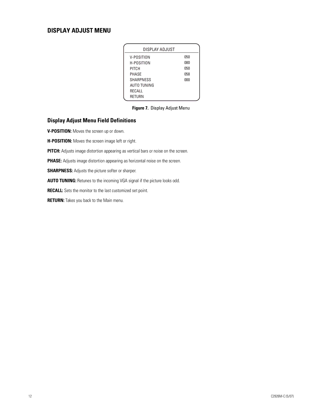 Pelco 300 manual Display Adjust Menu Field Definitions 