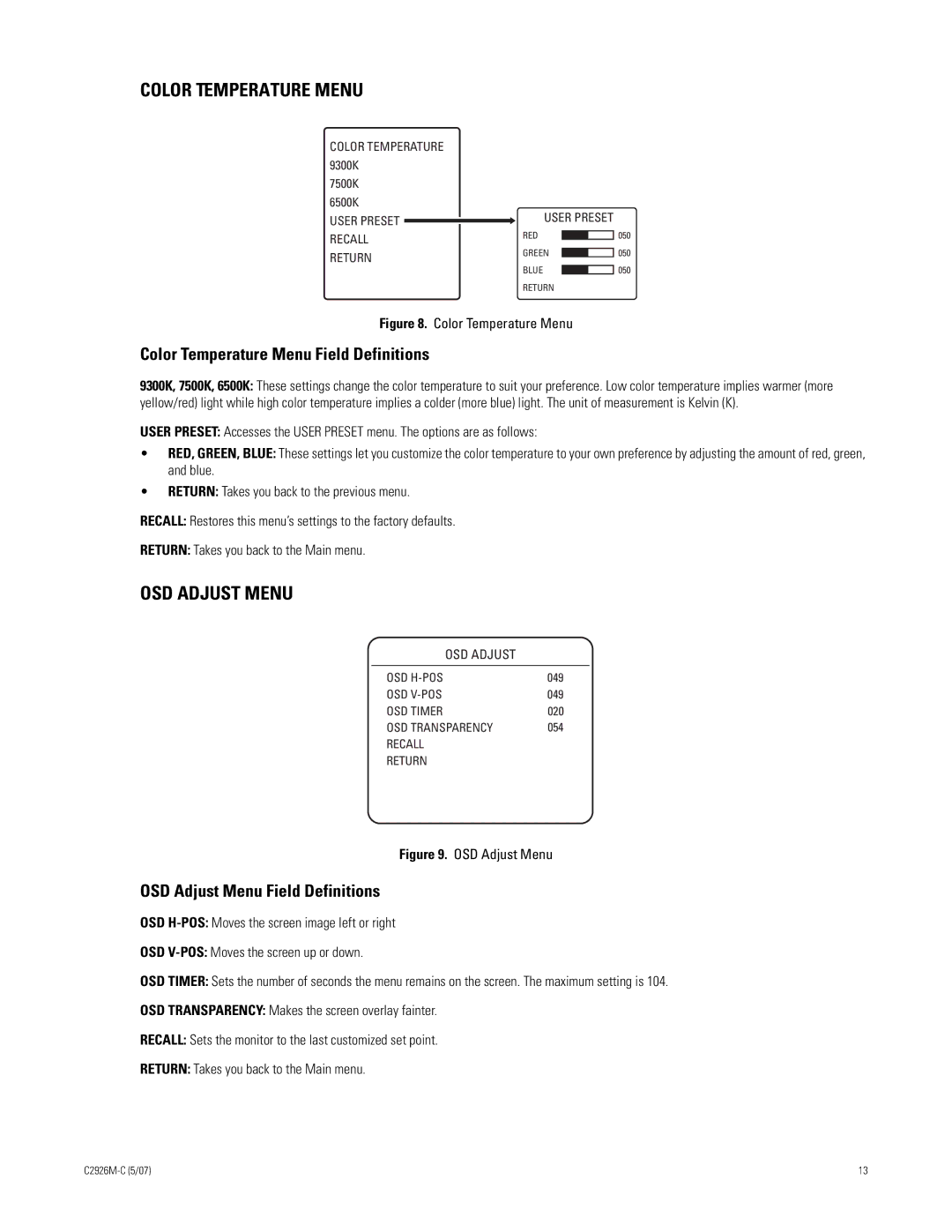 Pelco 300 manual Color Temperature Menu Field Definitions, OSD Adjust Menu Field Definitions 