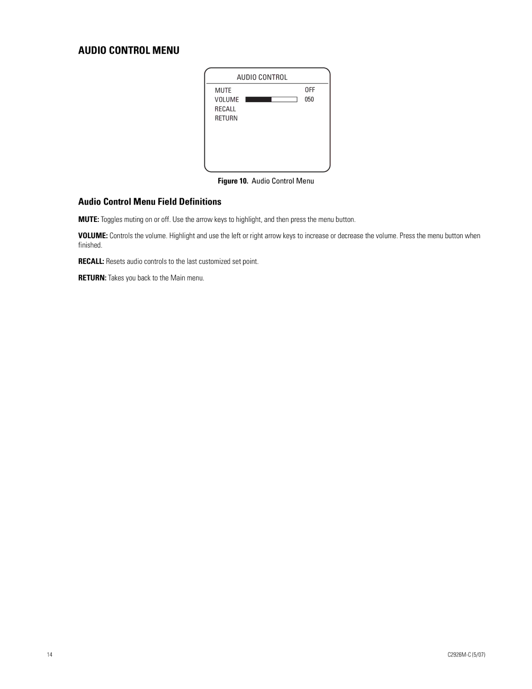 Pelco 300 manual Audio Control Menu Field Definitions 