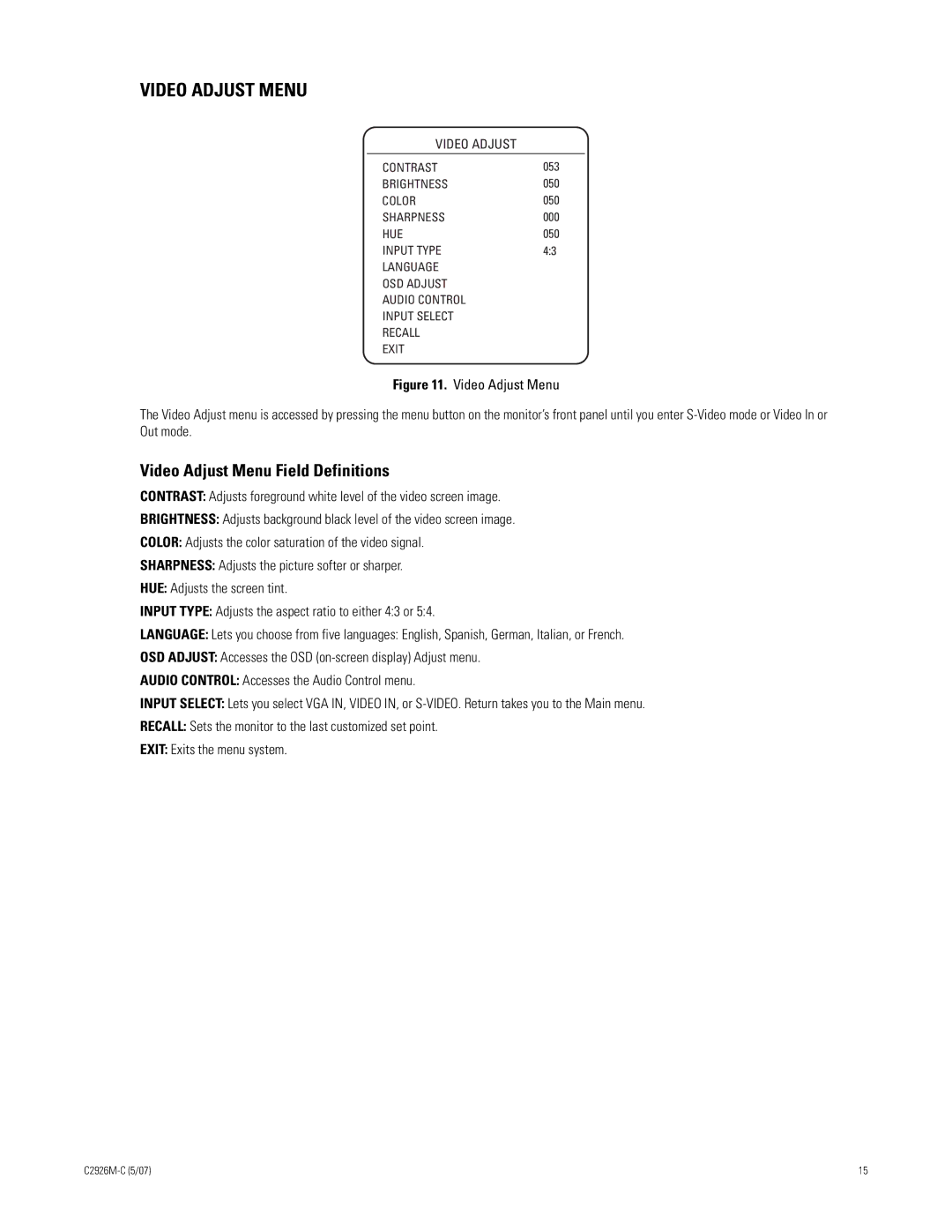 Pelco 300 manual Video Adjust Menu Field Definitions 