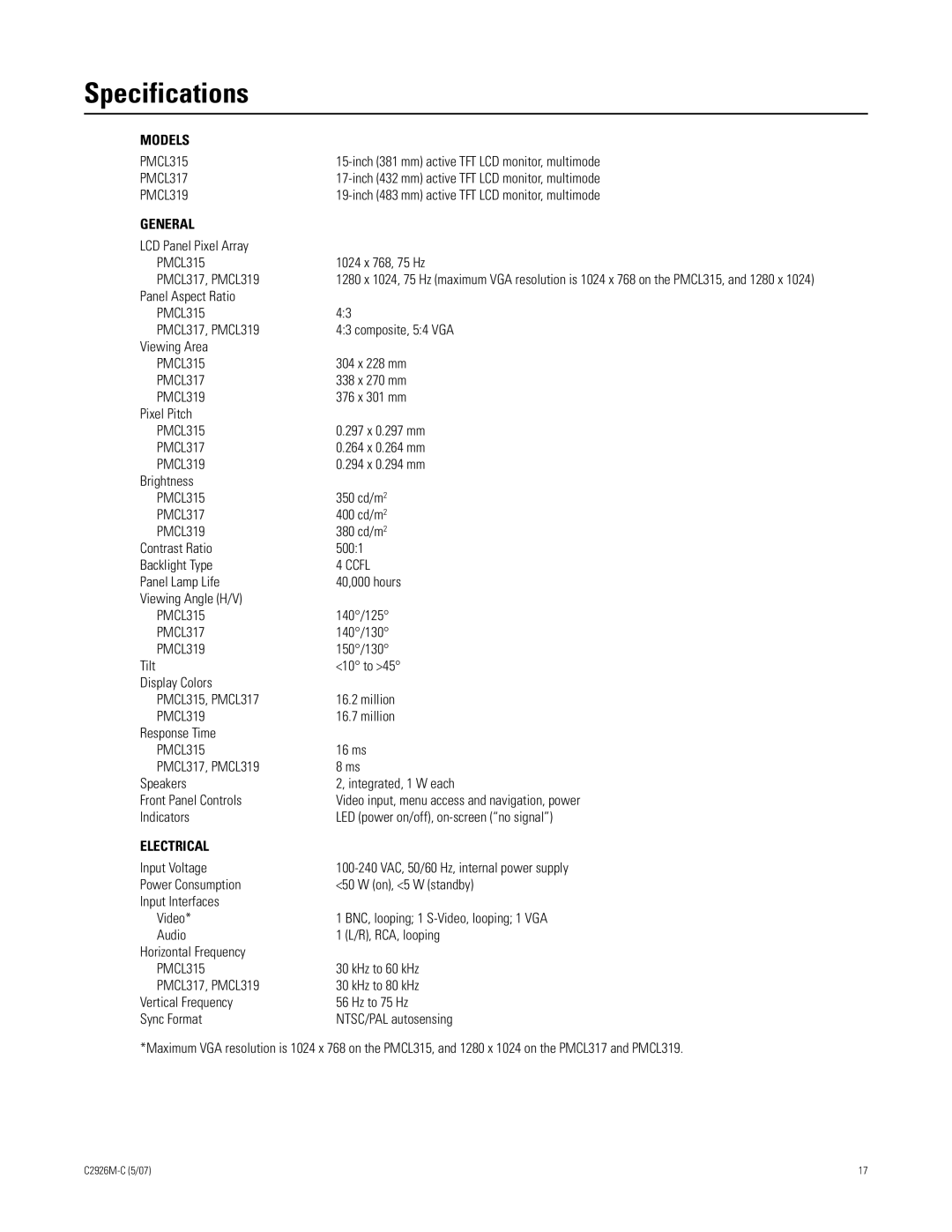 Pelco 300 manual Specifications, Models 