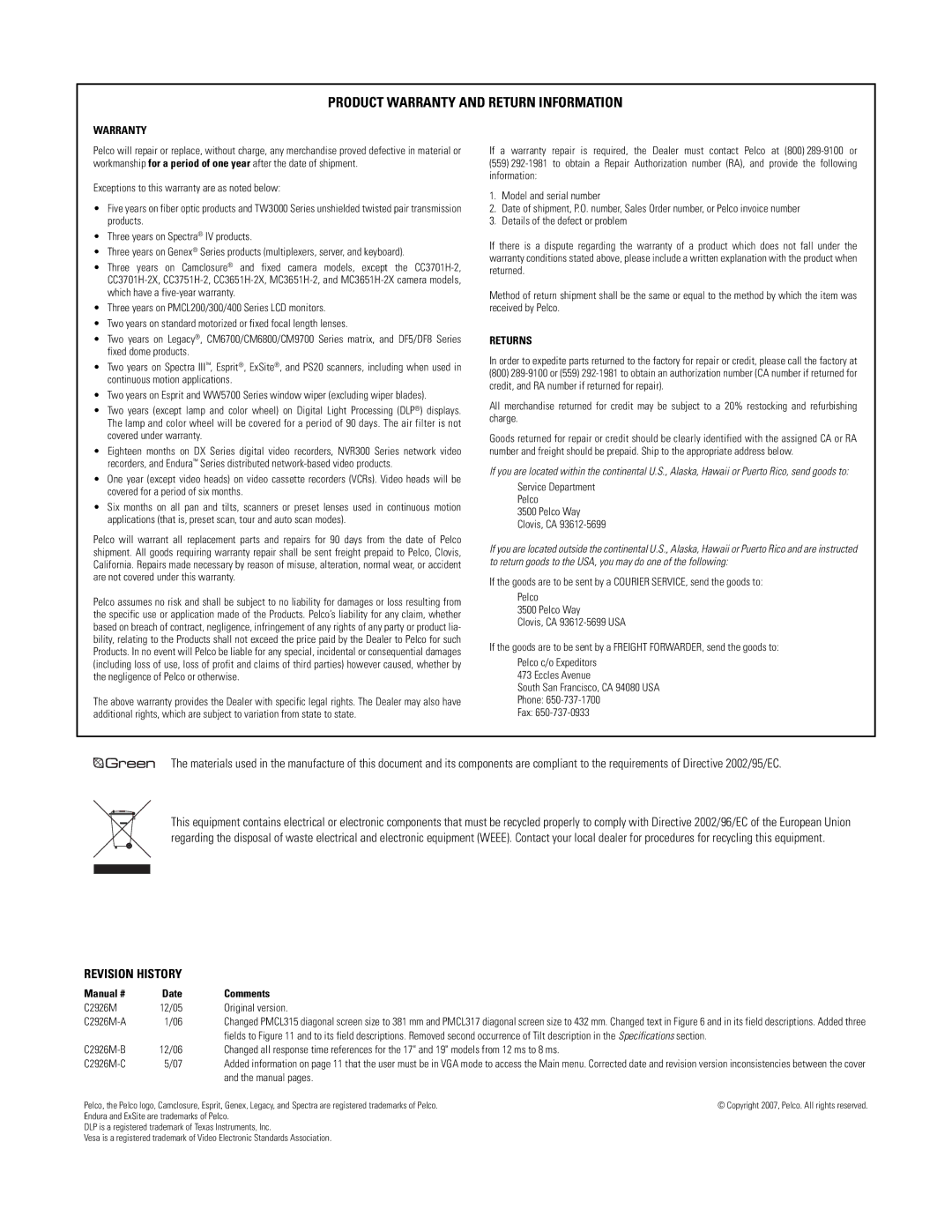 Pelco 300 manual Product Warranty and Return Information 