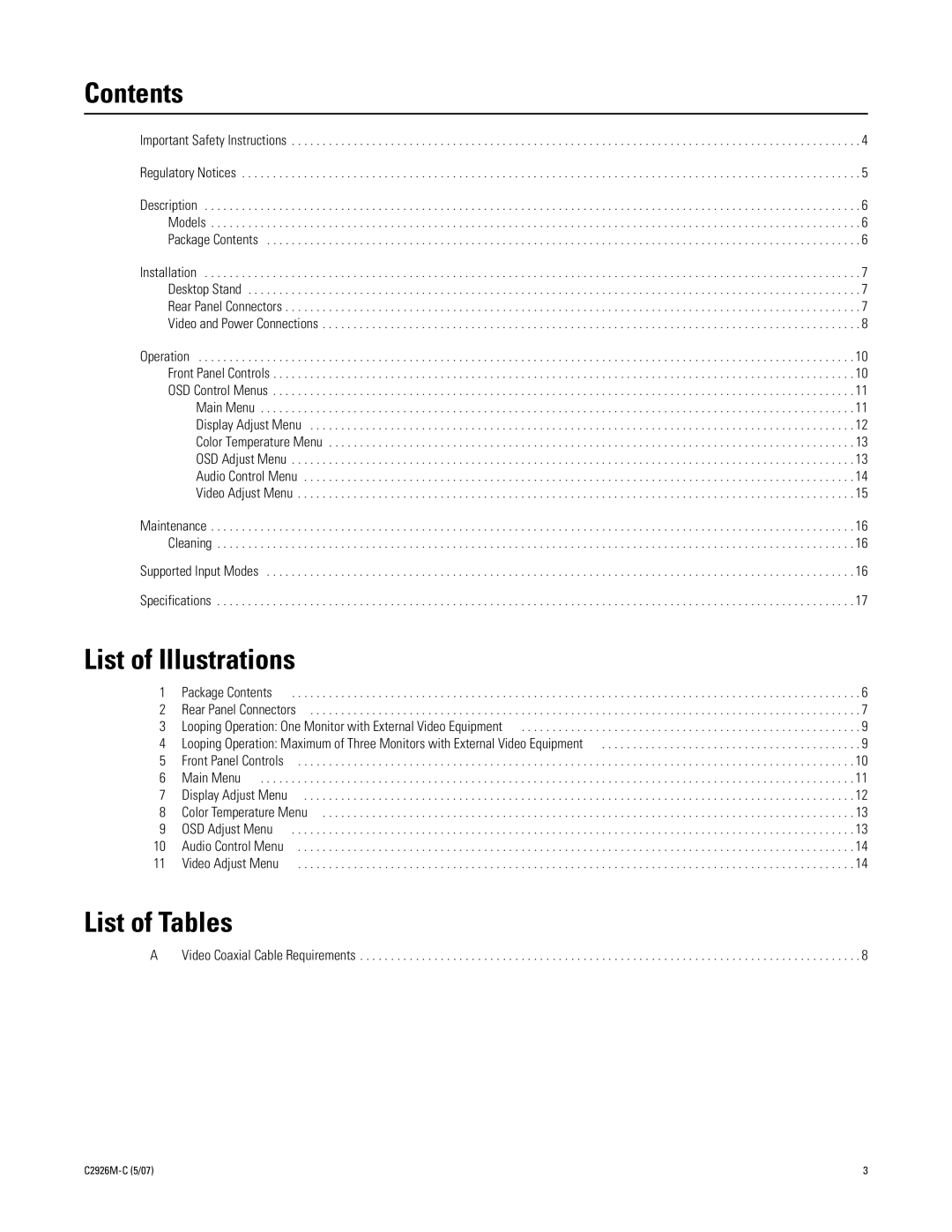 Pelco 300 manual Contents, List of Illustrations, List of Tables 