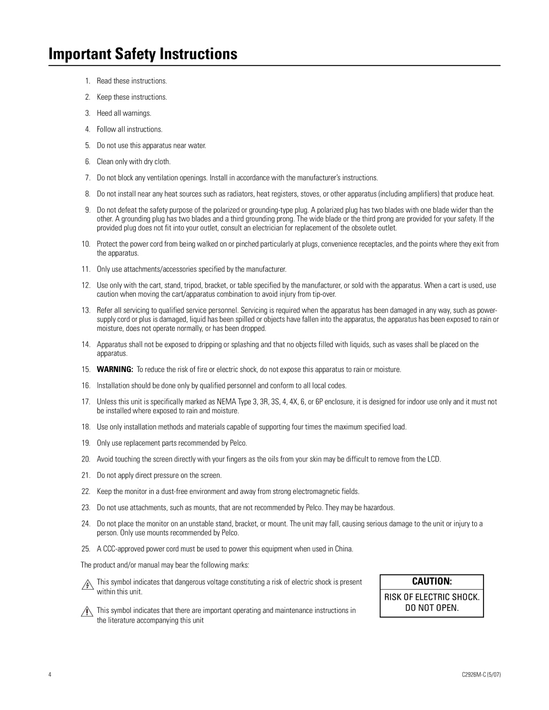 Pelco 300 manual Important Safety Instructions 