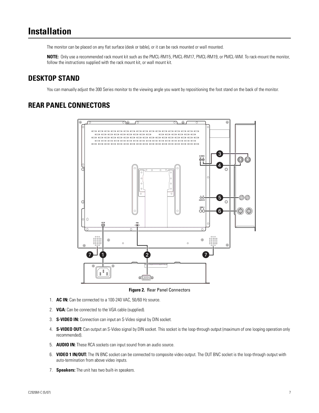 Pelco 300 manual Installation, Desktop Stand, Rear Panel Connectors 