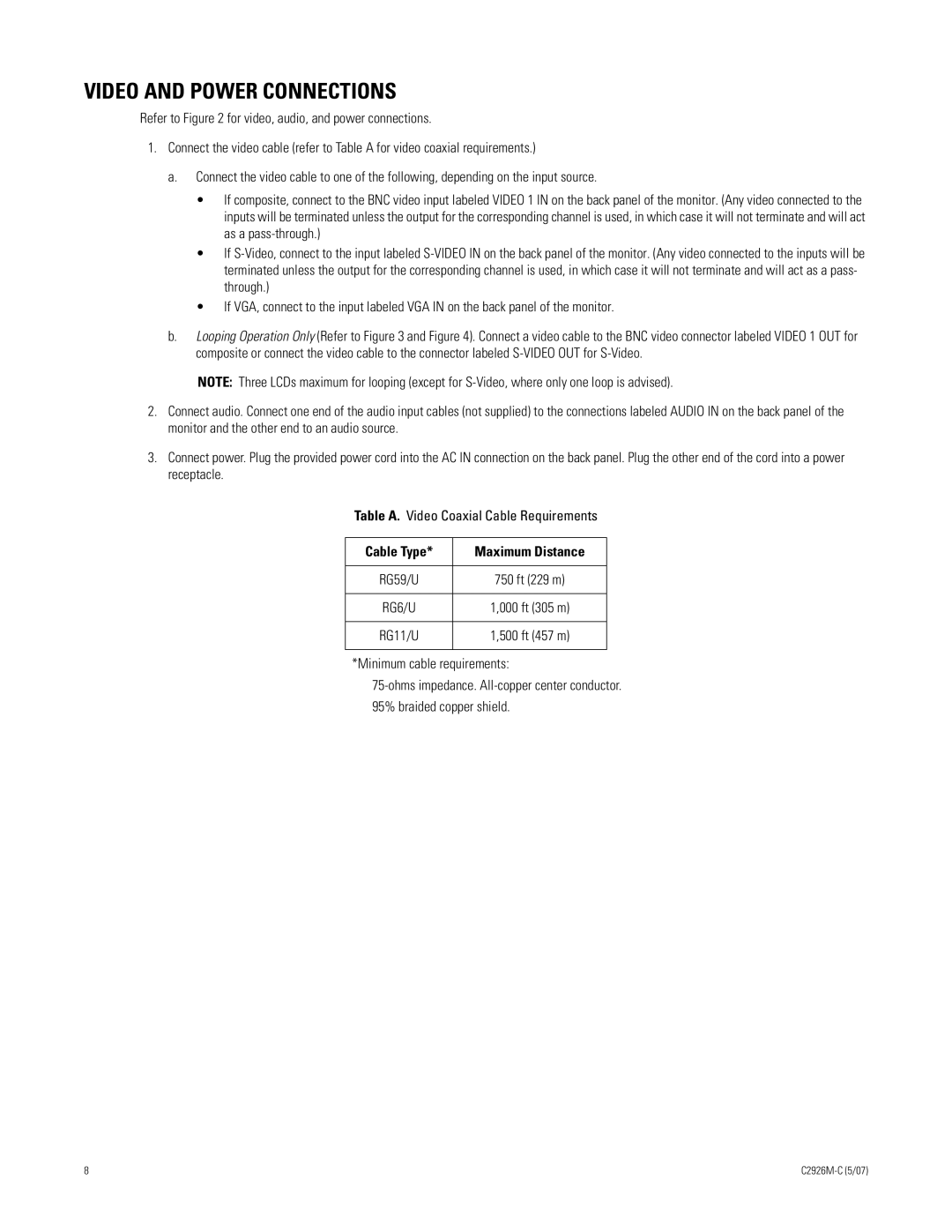 Pelco 300 manual Video and Power Connections, Cable Type Maximum Distance 