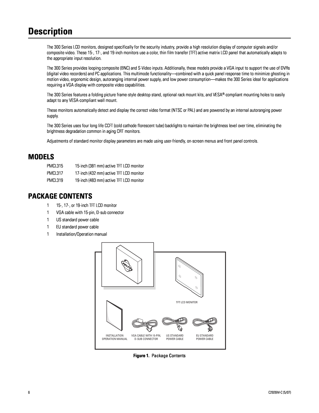 Pelco 300 manual Description, Models, Package Contents 