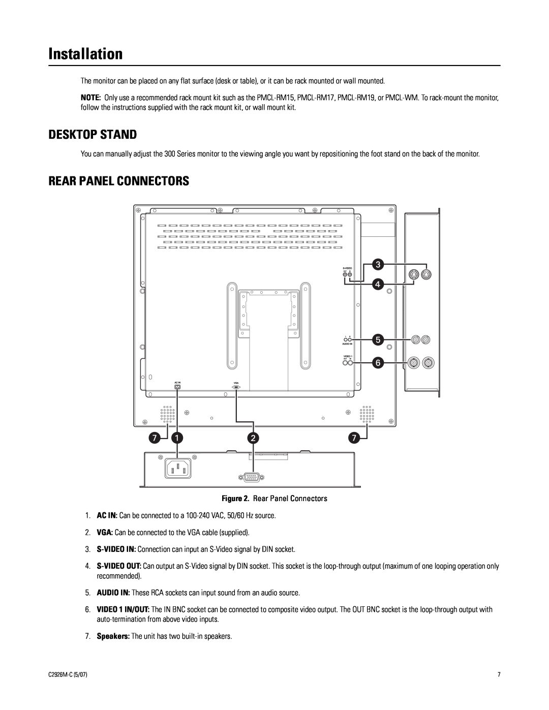 Pelco 300 manual Installation, Desktop Stand, Rear Panel Connectors 