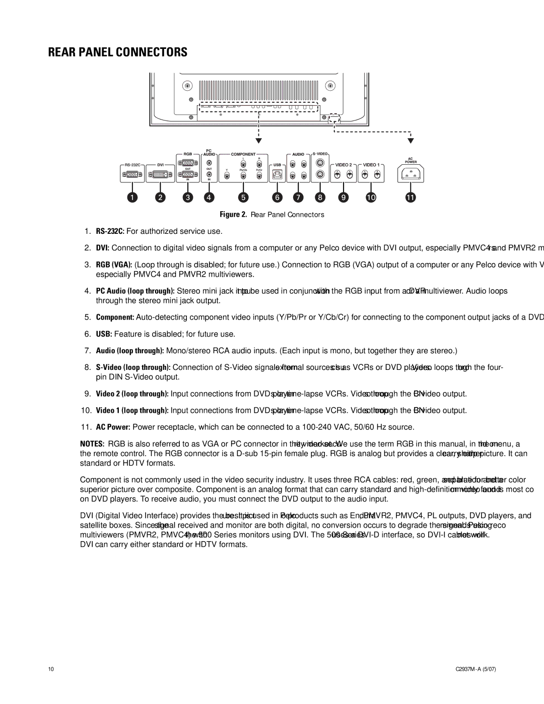 Pelco 500 Series manual Rear Panel Connectors RS-232CFor authorized service use 