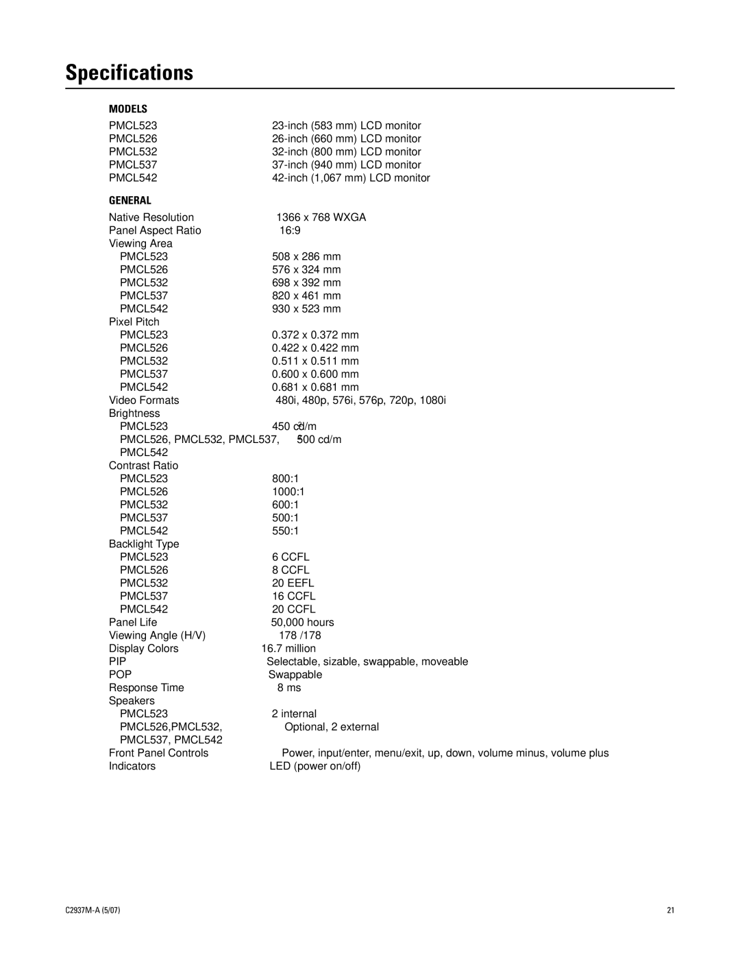 Pelco 500 Series manual Specifications, Models 