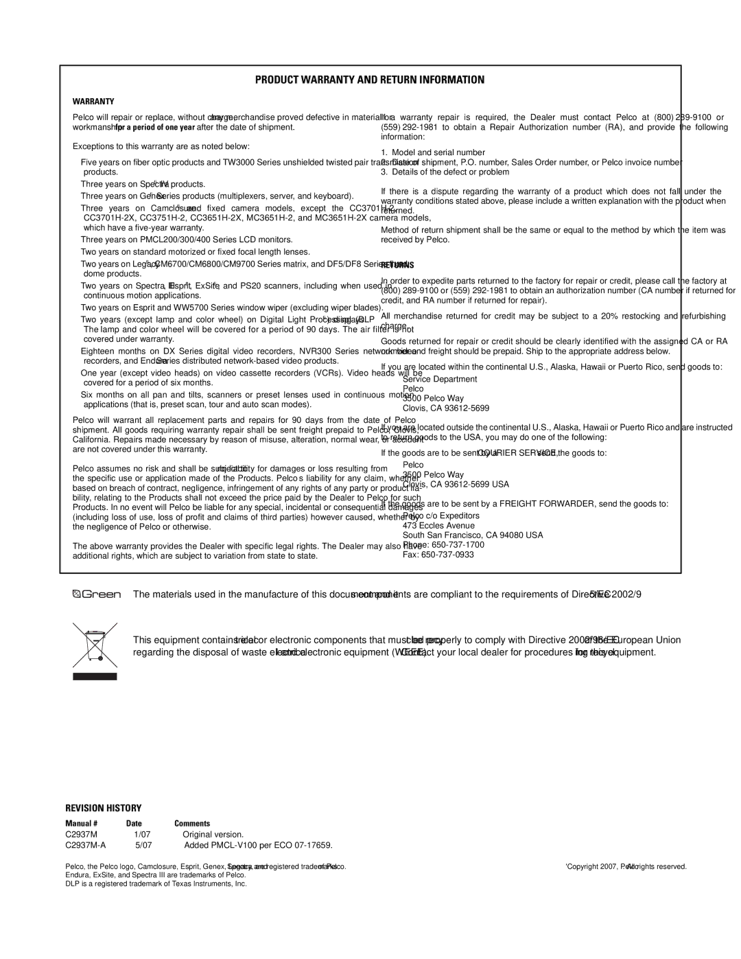 Pelco 500 Series manual Product Warranty and Return Information 