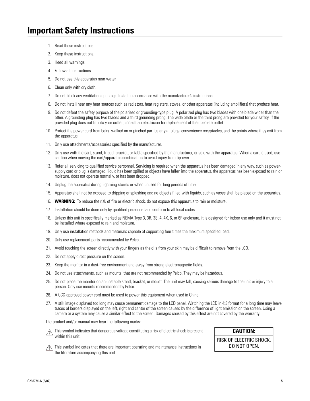 Pelco 500 Series manual Important Safety Instructions 