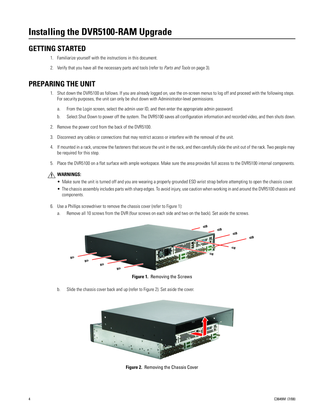 Pelco 5116DVD-500, 5108DVD-250, 5116DVD-1500 manual Installing the DVR5100-RAM Upgrade, Getting Started, Preparing the Unit 