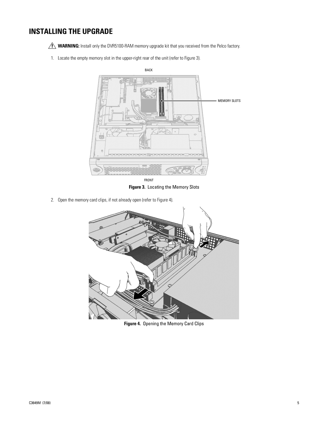 Pelco 5116DVD-2000, 5108DVD-250, 5116DVD-1500, 5116DVD-250, 5116DVD-500 Installing the Upgrade, Opening the Memory Card Clips 