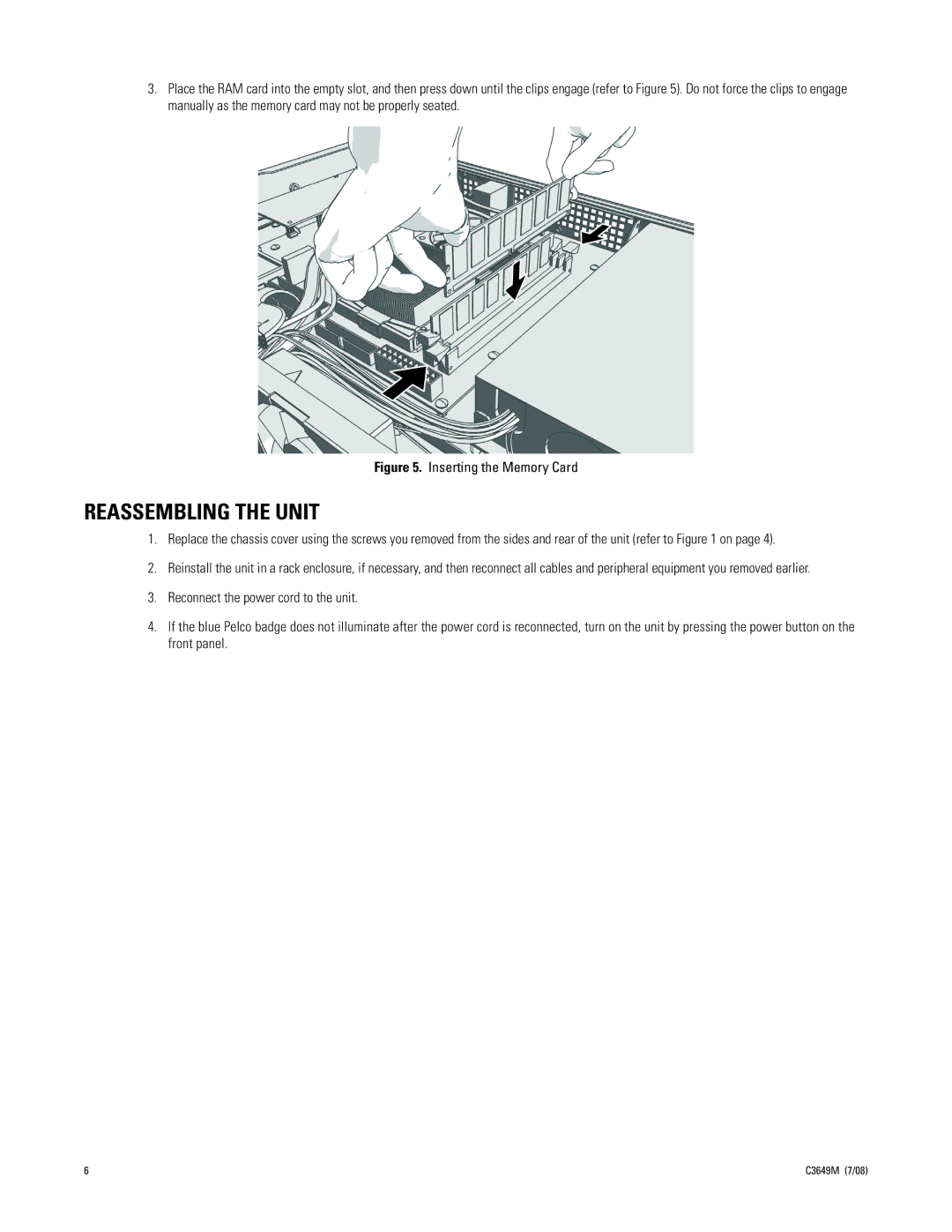 Pelco 5108DVD-500, 5108DVD-250, 5116DVD-1500, 5116DVD-250, 5116DVD-1000 manual Reassembling the Unit, Inserting the Memory Card 