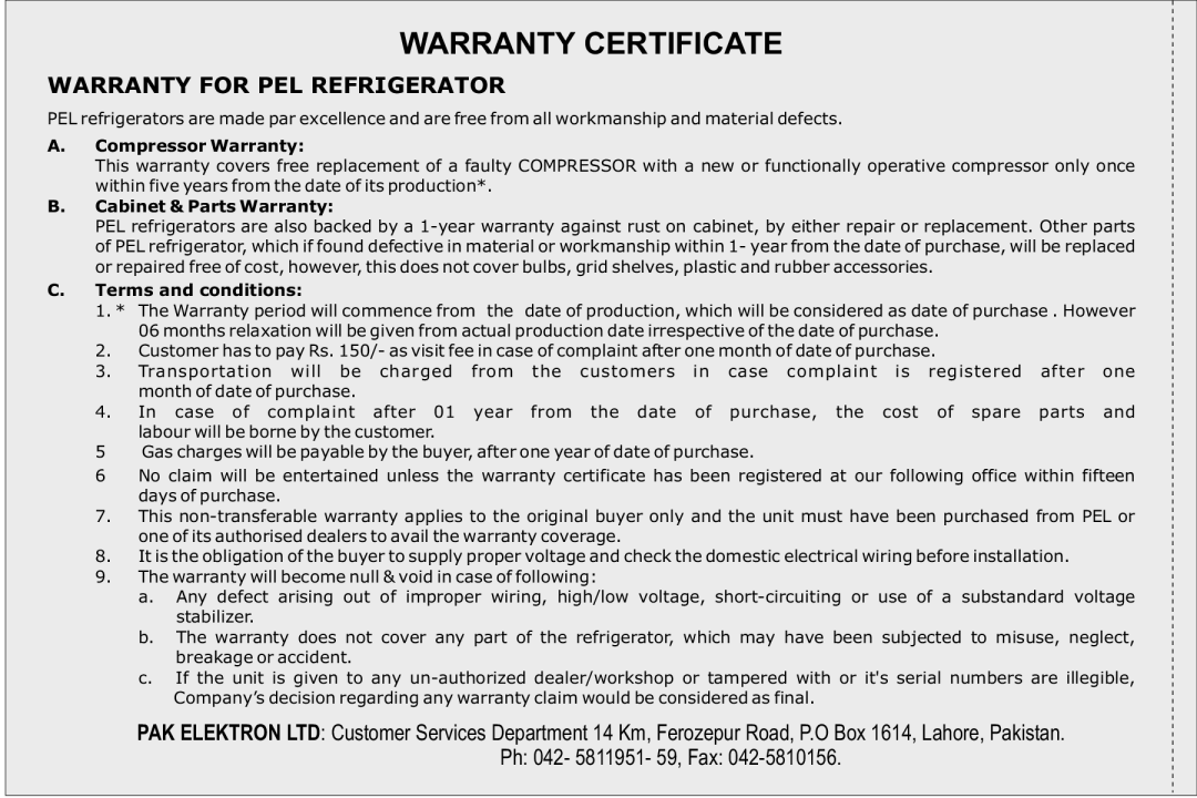 Pelco 6200, 6400, 20185, 2500JF, 2300JF, 20175, 6300, 2012, 20145JF, 2009, 2010 Warranty Certificate, Warranty for PEL Refrigerator 