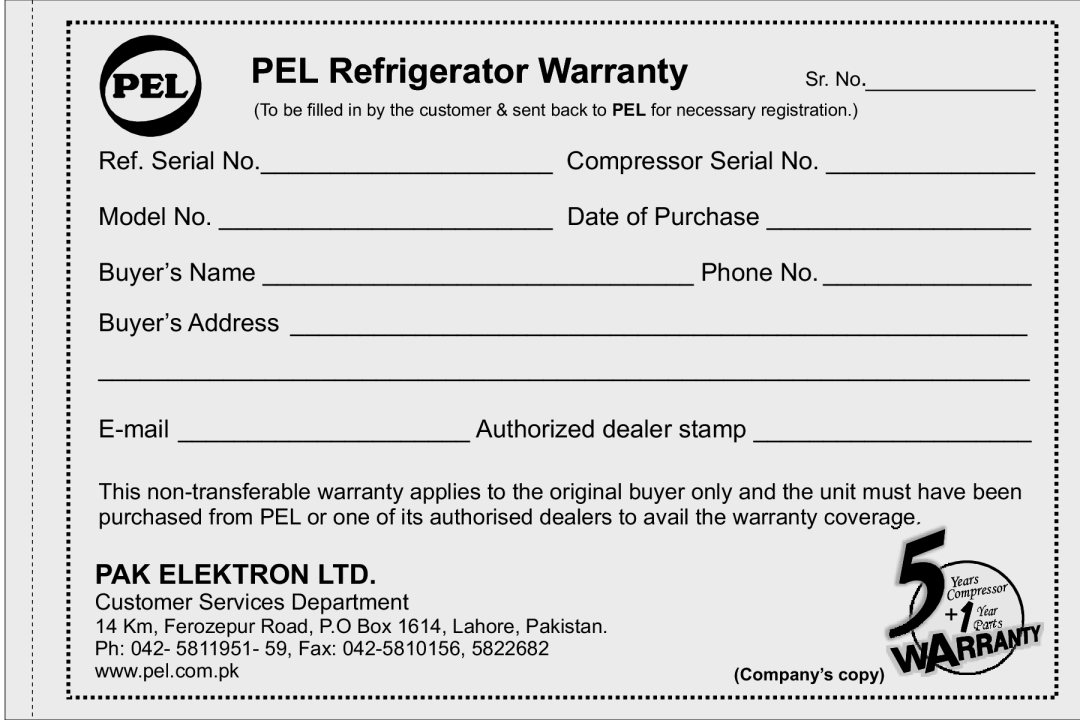 Pelco 2500JF PEL Refrigerator Warranty, Ref. Serial No. Compressor Serial No Model No. Date of Purchase, Sr. No, Parts 
