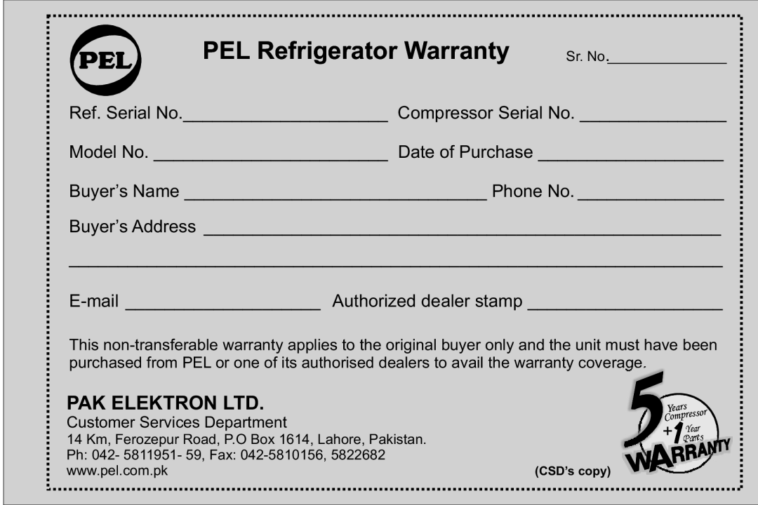 Pelco 2300JF PEL Refrigerator Warranty, Ref. Serial No. Compressor Serial No Model No. Date of Purchase, Sr. No, Parts 