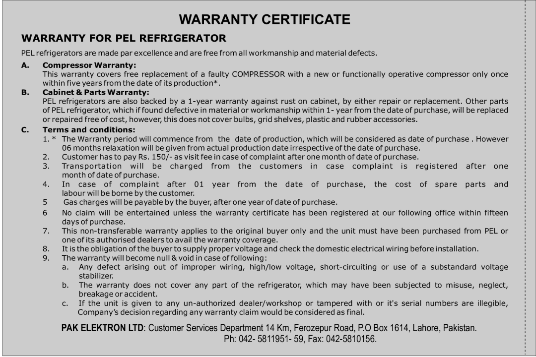Pelco 20175, 6400 Warranty Certificate, Warranty For Pel Refrigerator, A. Compressor Warranty, B. Cabinet & Parts Warranty 