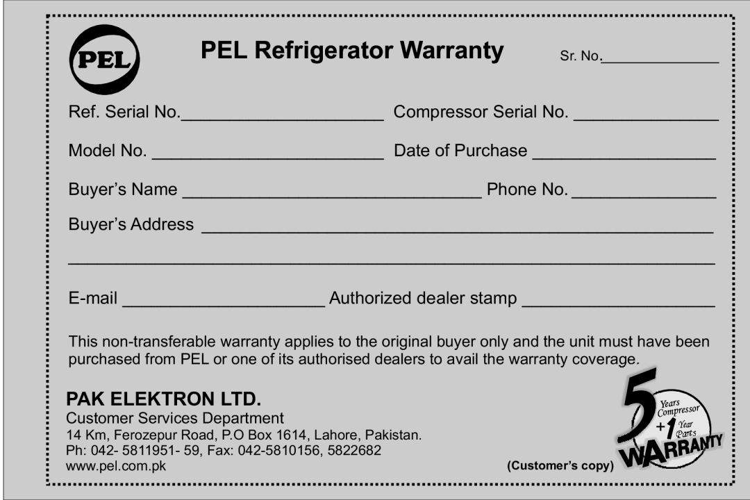 Pelco 6300 PEL Refrigerator Warranty, Ref. Serial No. Compressor Serial No Model No. Date of Purchase, Sr. No, Parts, Year 