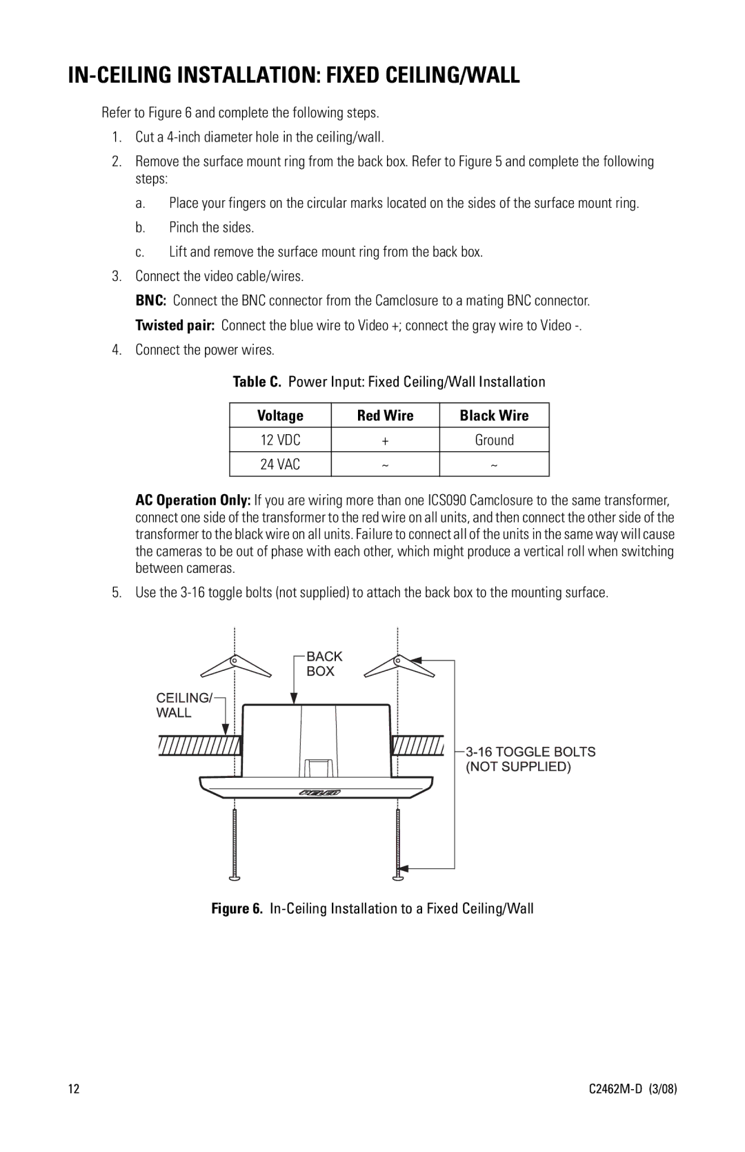 Pelco 90 manual IN-CEILING Installation Fixed CEILING/WALL, In-Ceiling Installation to a Fixed Ceiling/Wall 