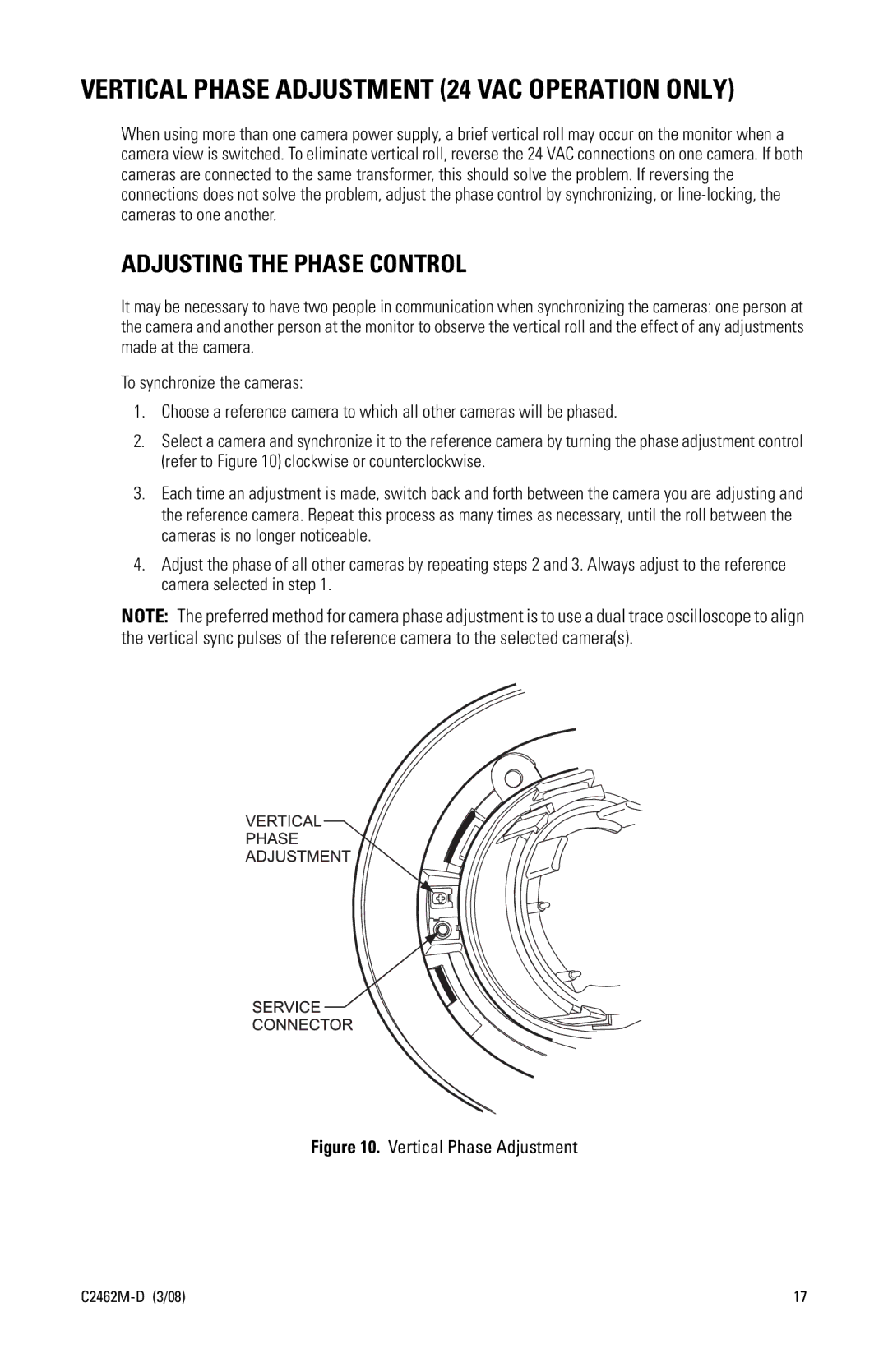 Pelco 90 manual Vertical Phase Adjustment 24 VAC Operation only, Adjusting the Phase Control 