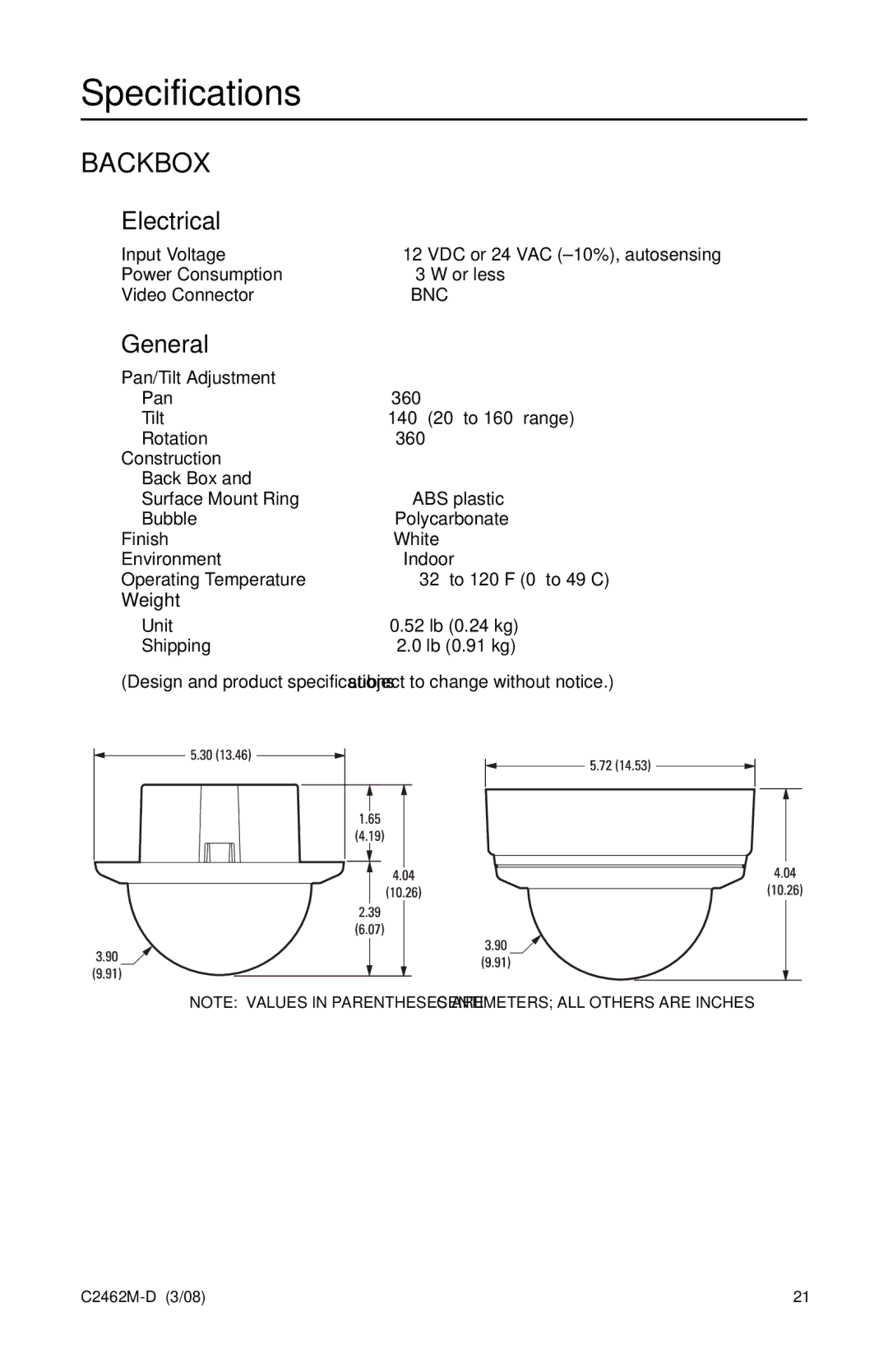 Pelco 90 manual Specifications, Backbox 