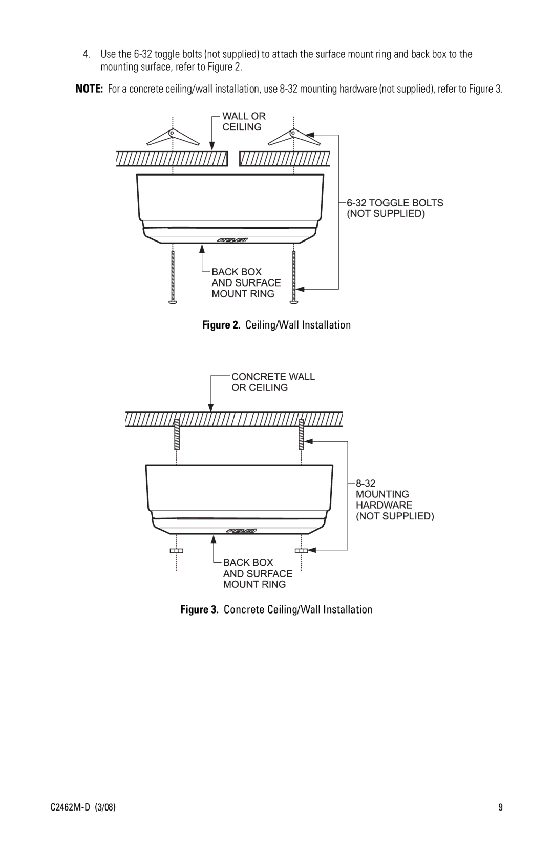 Pelco 90 manual Ceiling/Wall Installation 