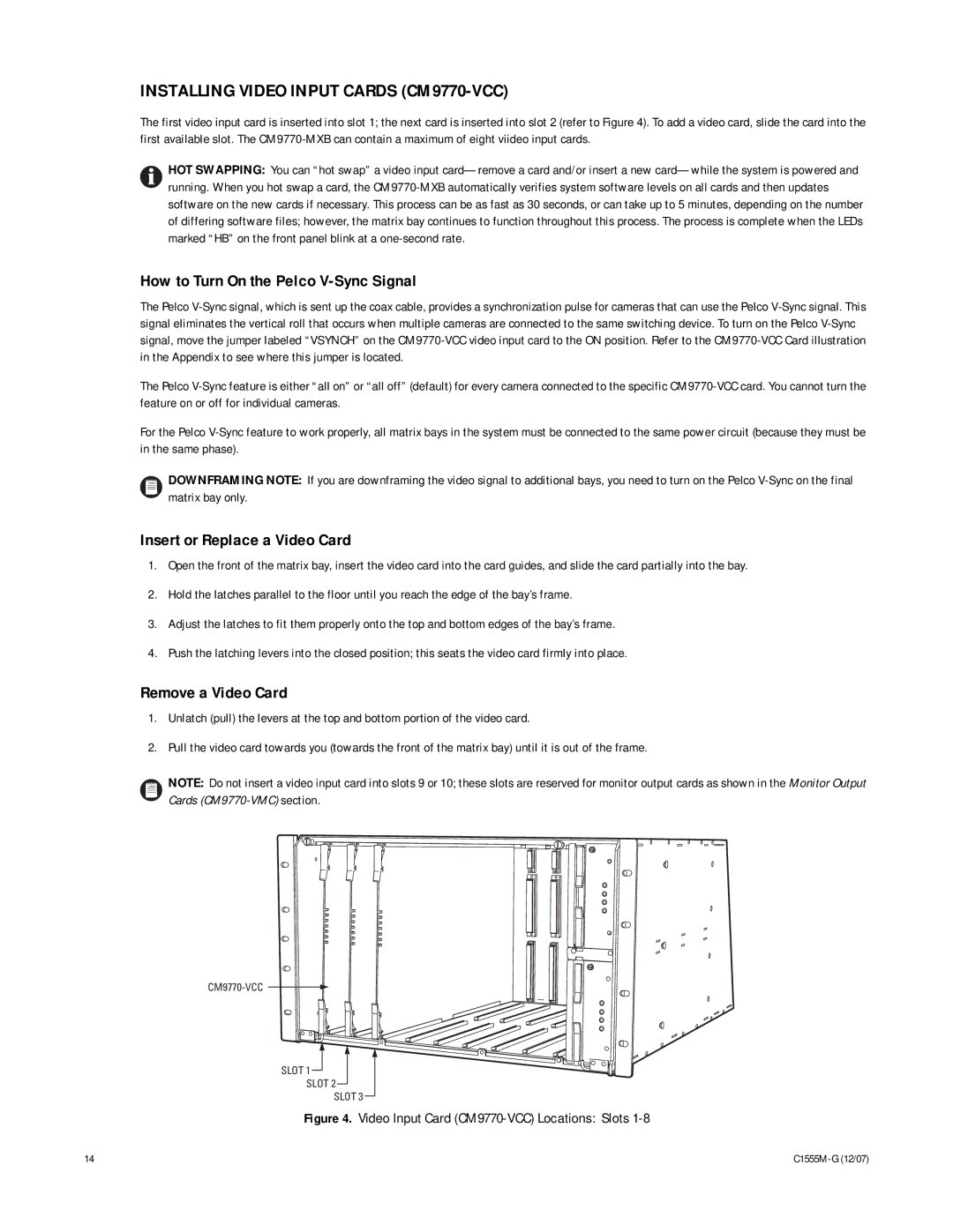 Pelco Installing Video Input Cards CM9770-VCC, How to Turn On the Pelco V-Sync Signal, Insert or Replace a Video Card 