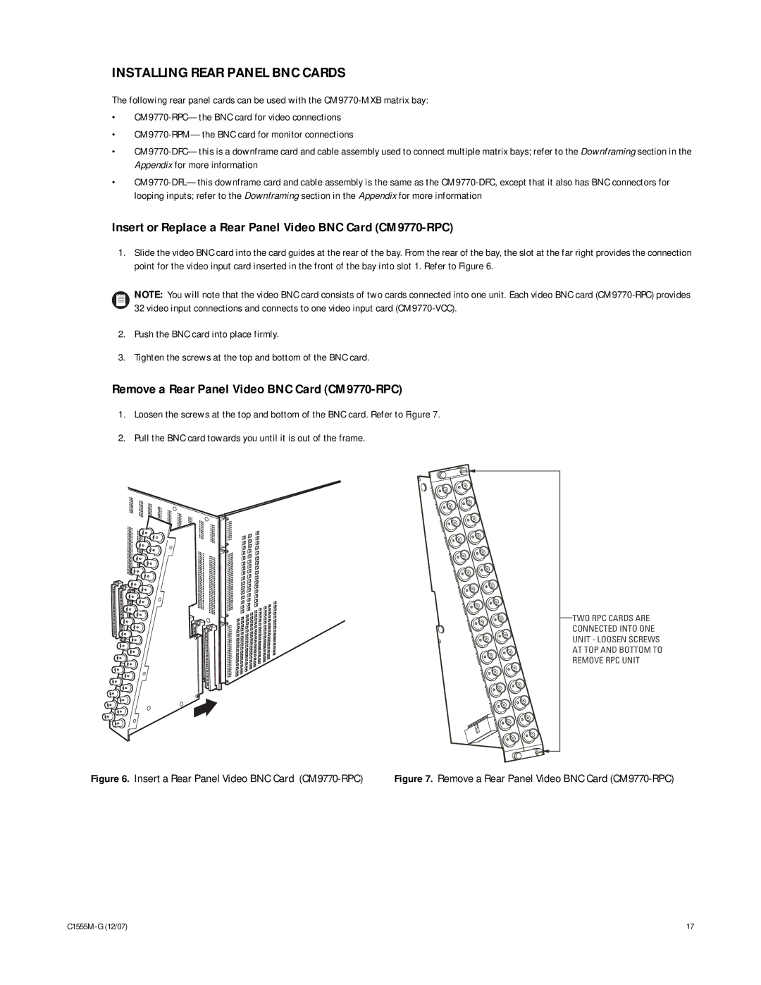 Pelco manual Installing Rear Panel BNC Cards, Insert or Replace a Rear Panel Video BNC Card CM9770-RPC 