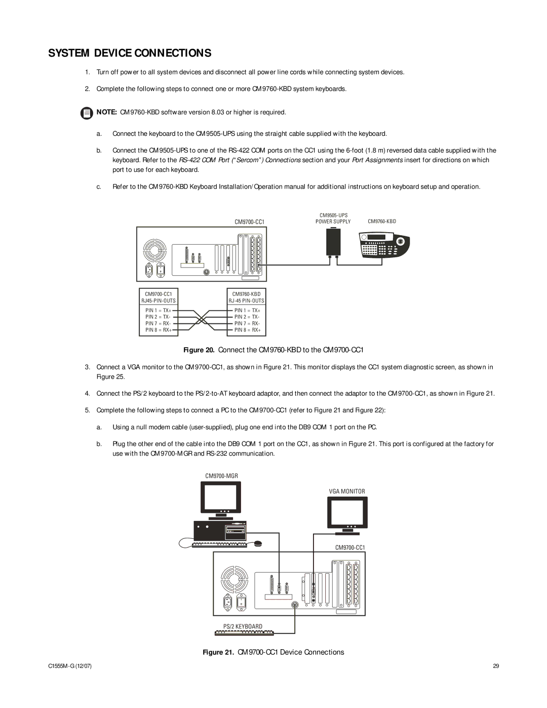 Pelco 9770 manual System Device Connections, CM9700-CC1 Device Connections 