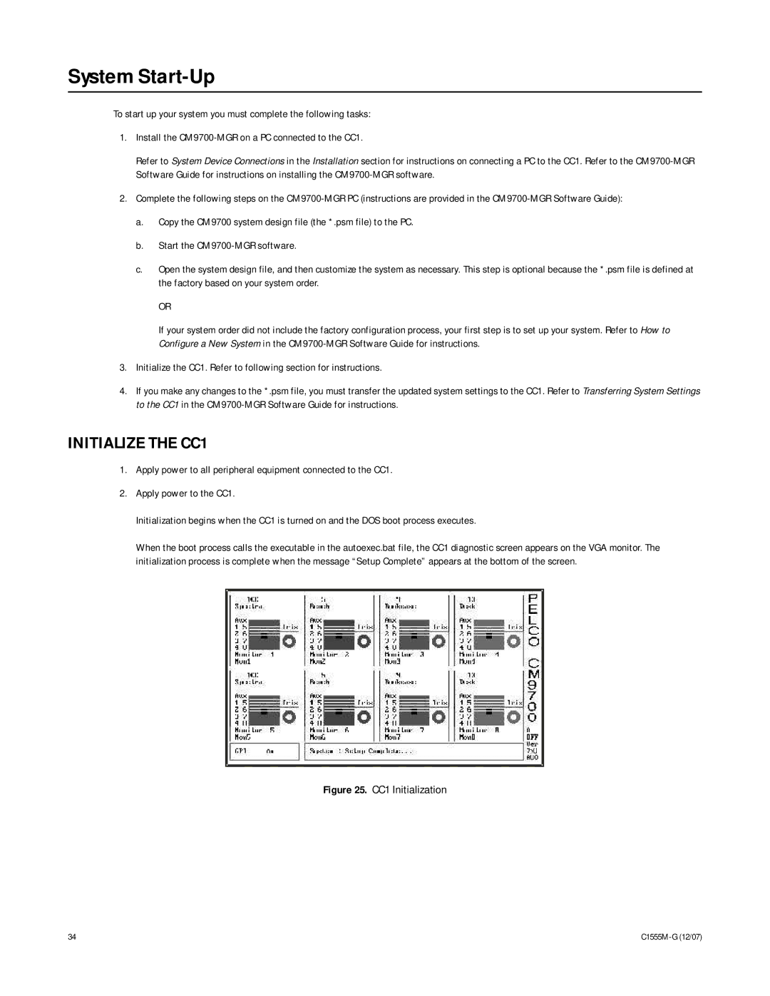 Pelco 9770 manual System Start-Up, Initialize the CC1 