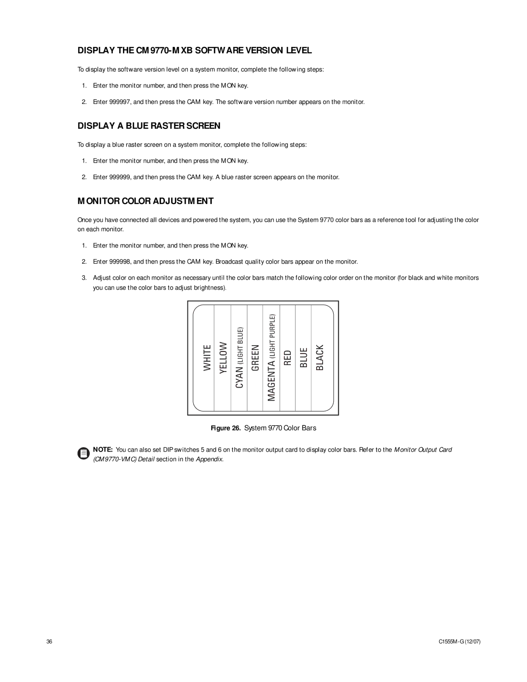 Pelco manual Display the CM9770-MXB Software Version Level, Display a Blue Raster Screen, Monitor Color Adjustment 
