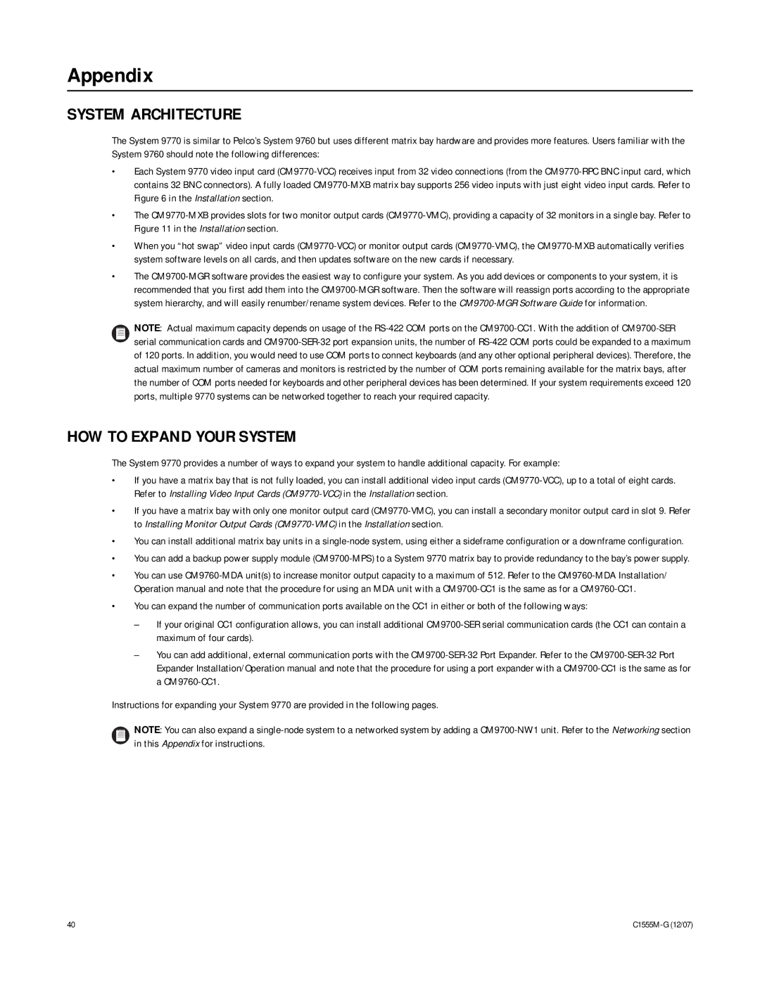 Pelco 9770 manual Appendix, System Architecture, HOW to Expand Your System 