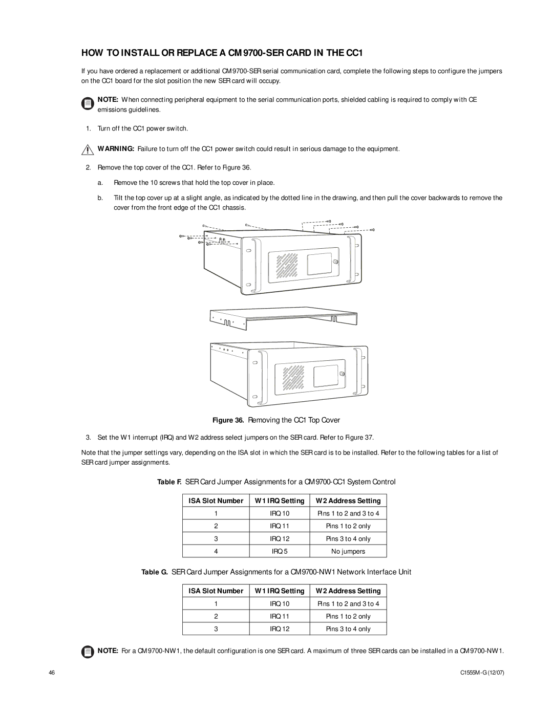 Pelco 9770 manual HOW to Install or Replace a CM9700-SER Card in the CC1, ISA Slot Number W1 IRQ Setting 