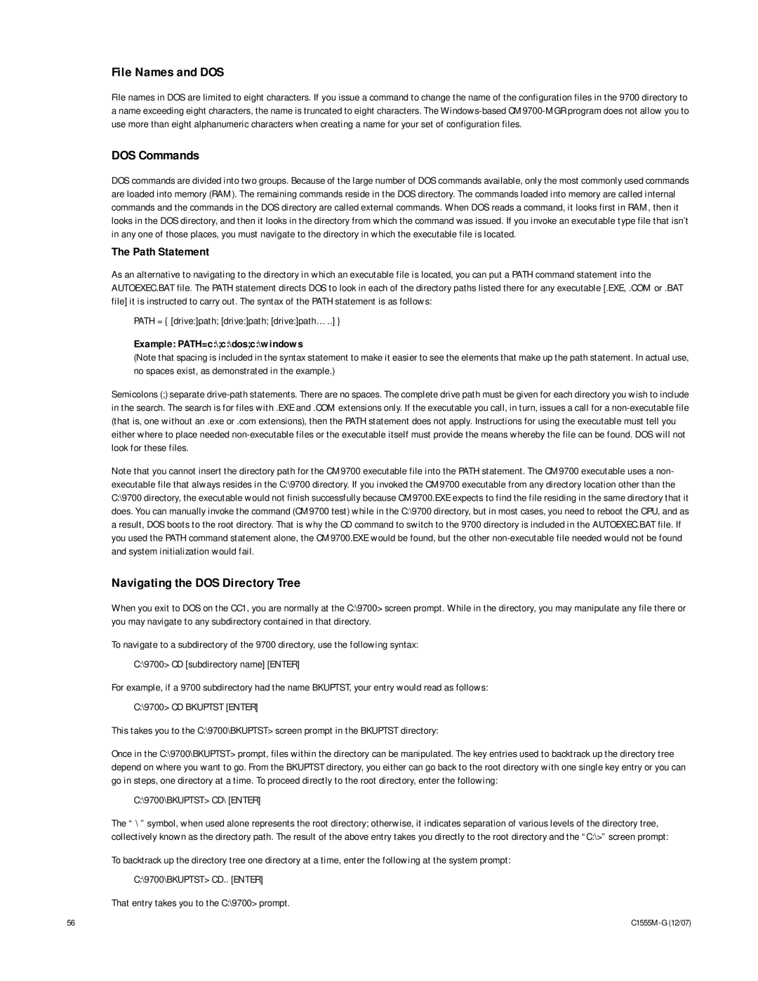 Pelco 9770 manual File Names and DOS, DOS Commands, Navigating the DOS Directory Tree, Example PATH=c\c\dosc\windows 