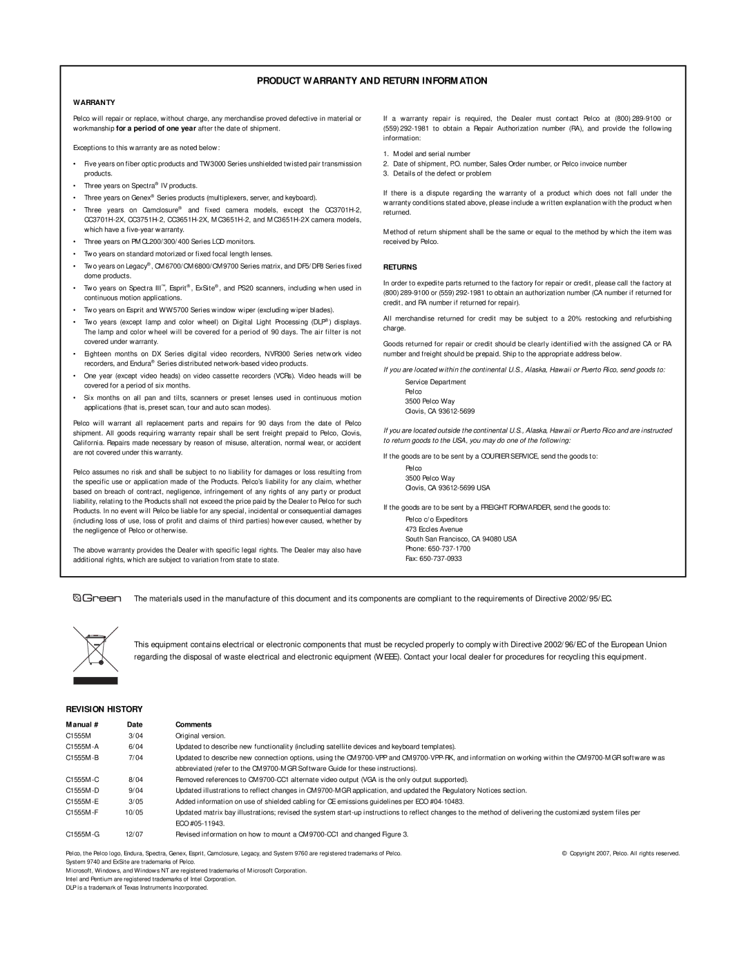 Pelco 9770 manual Product Warranty and Return Information 