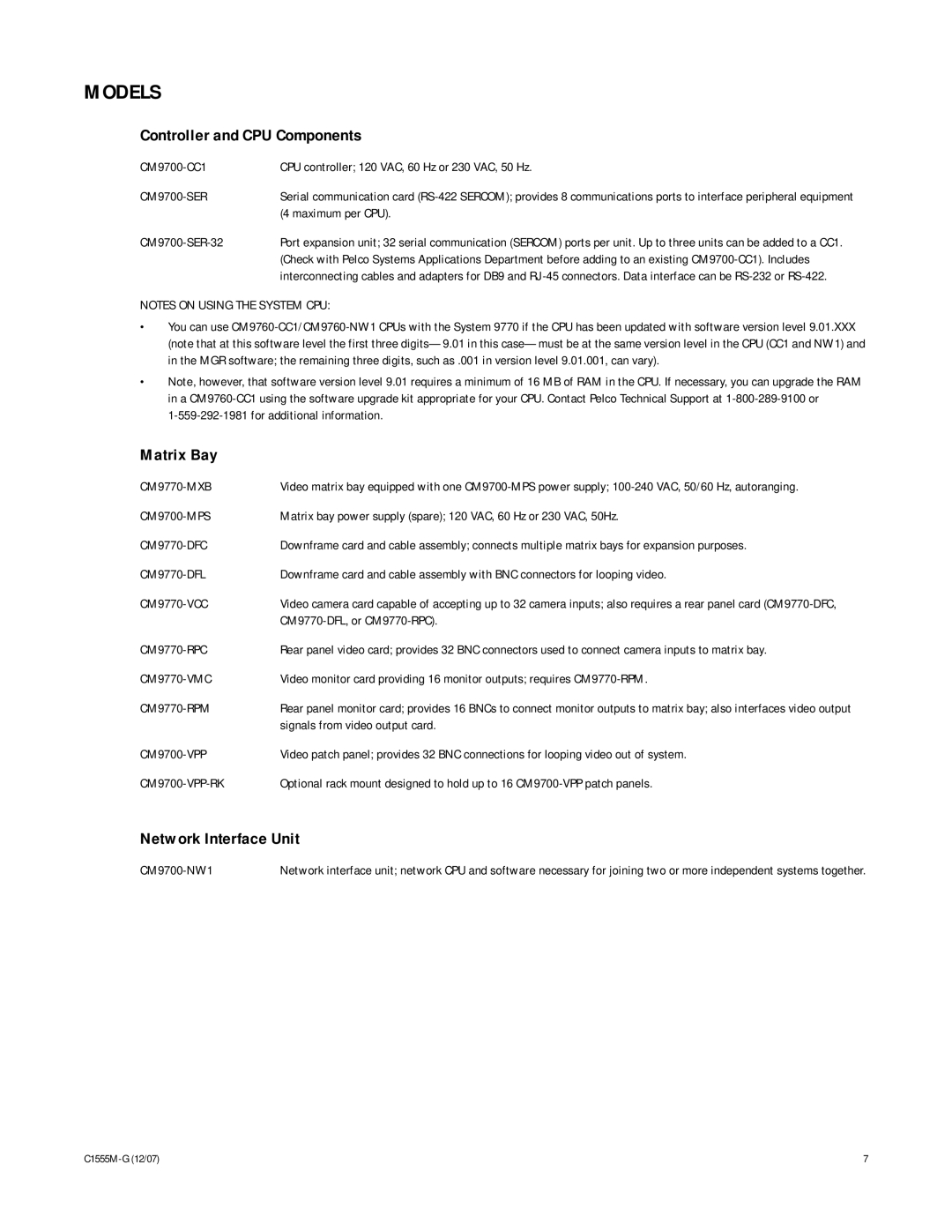 Pelco 9770 manual Models, Controller and CPU Components, Matrix Bay, Network Interface Unit 