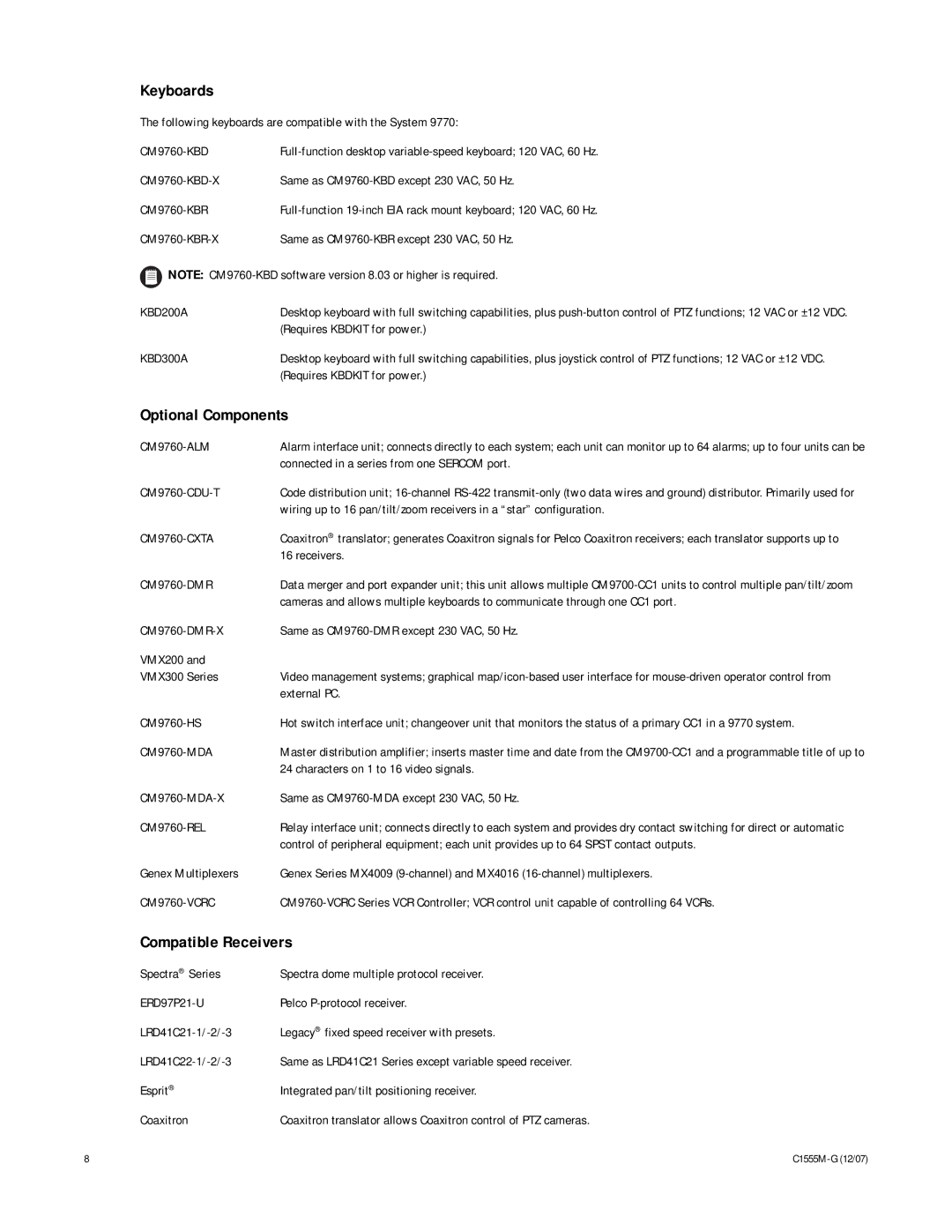 Pelco 9770 manual Keyboards, Optional Components, Compatible Receivers 